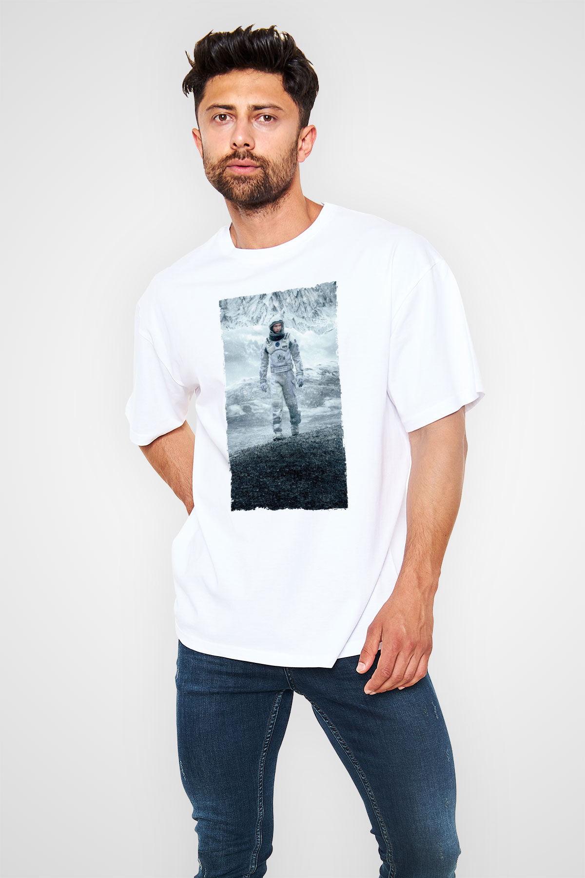 Unisex Yıldızlararası (Interstellar) Baskılı Beyaz Oversize Tişört