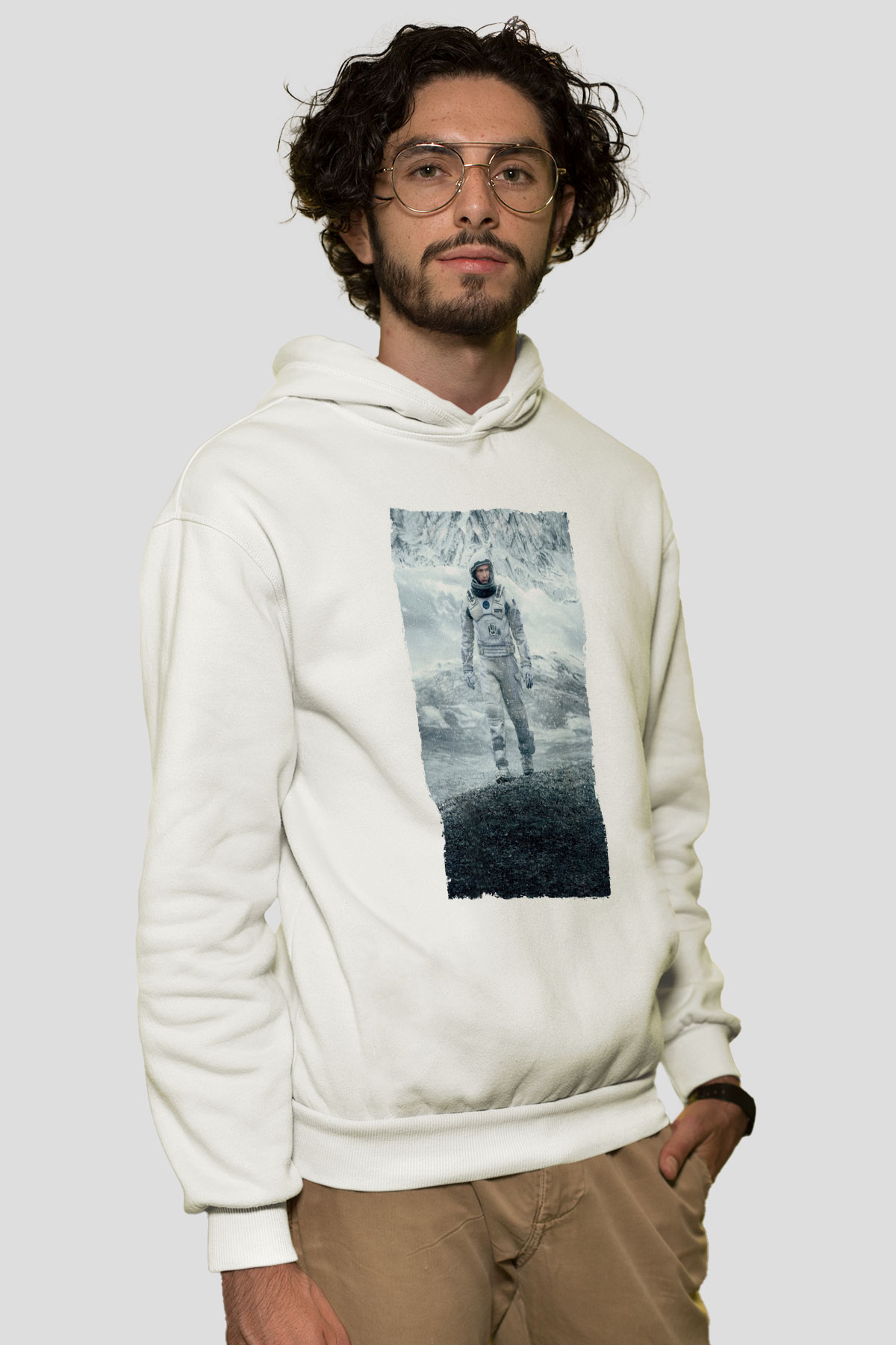 Unisex Yıldızlararası (Interstellar) Baskılı Beyaz Kapüşonlu Sweatshirt