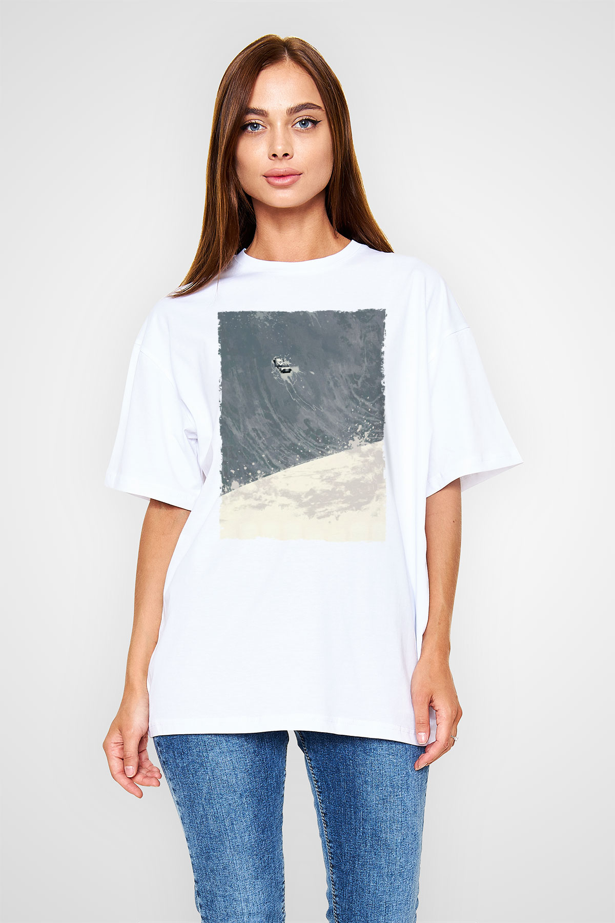 Unisex Yıldızlararası (Interstellar) Baskılı Beyaz Oversize Oversize T-shirt