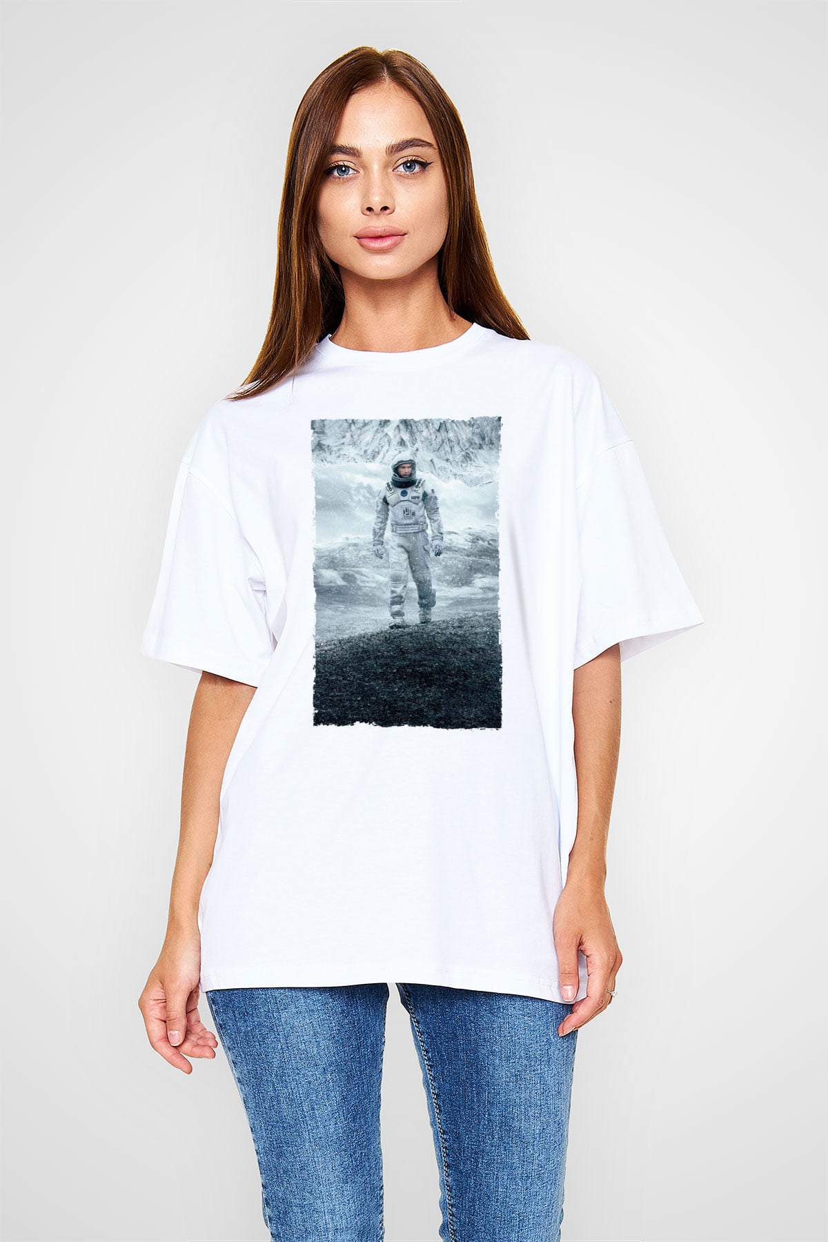Unisex Yıldızlararası (Interstellar) Baskılı Beyaz Oversize Tişört