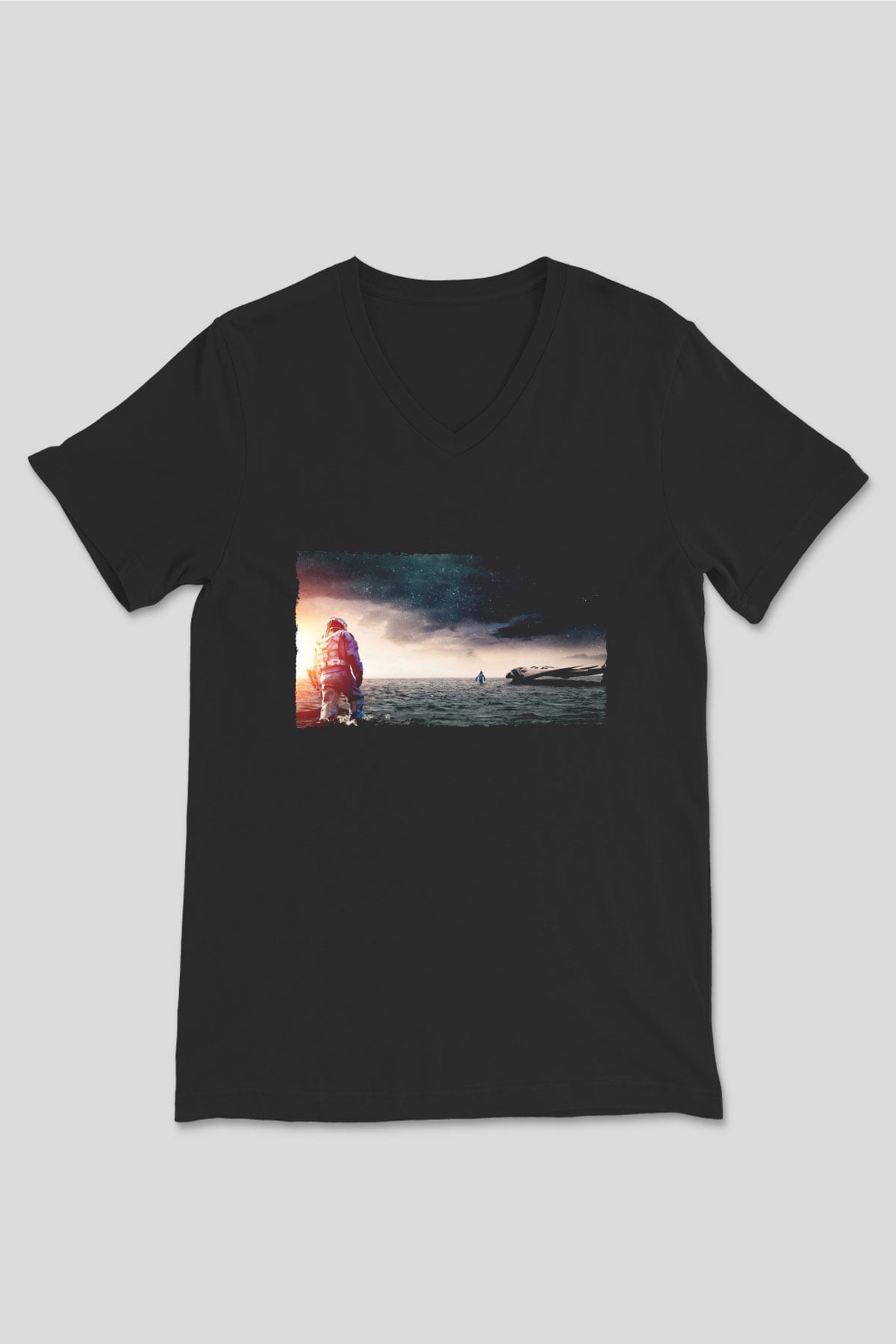 Unisex Yıldızlararası (Interstellar) Baskılı Siyah Unisex V Yaka Tshirt