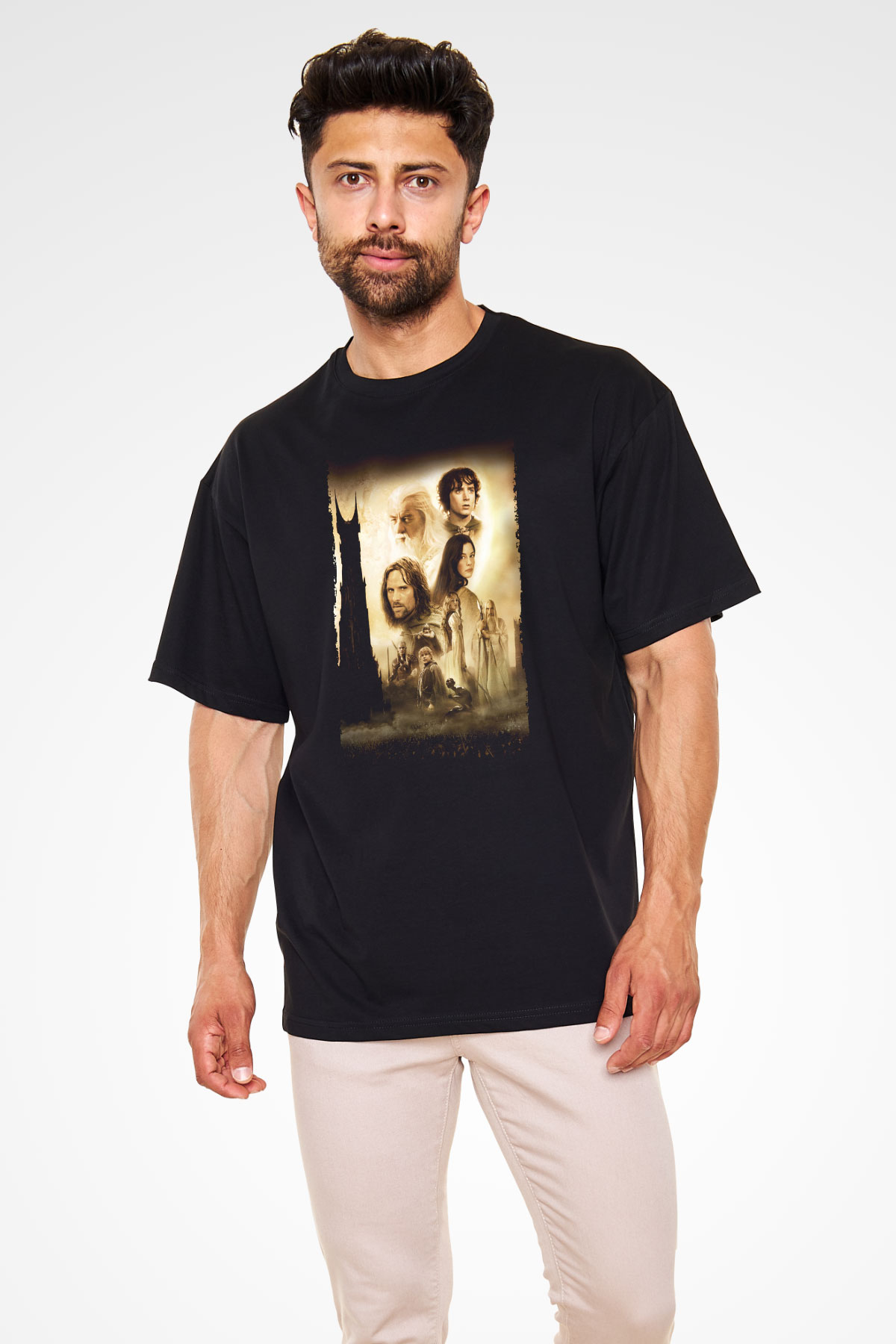 Unisex Yüzüklerin Efendisi İki Kule (The Lord of the Rings The Two Towers) Baskılı Siyah Oversize T-shirt