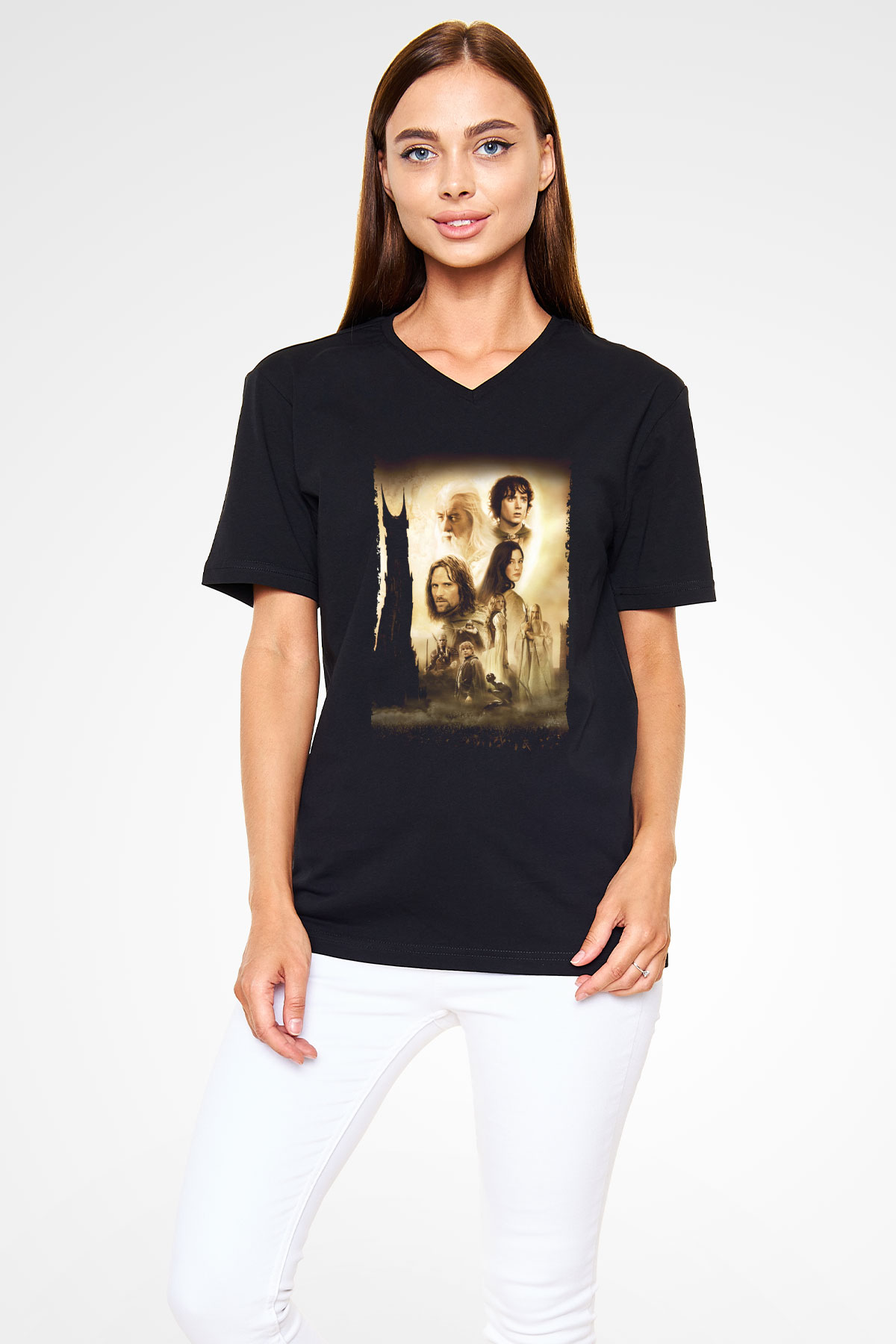 Unisex Yüzüklerin Efendisi İki Kule (The Lord of the Rings The Two Towers) Baskılı Siyah V Yaka T-shirt