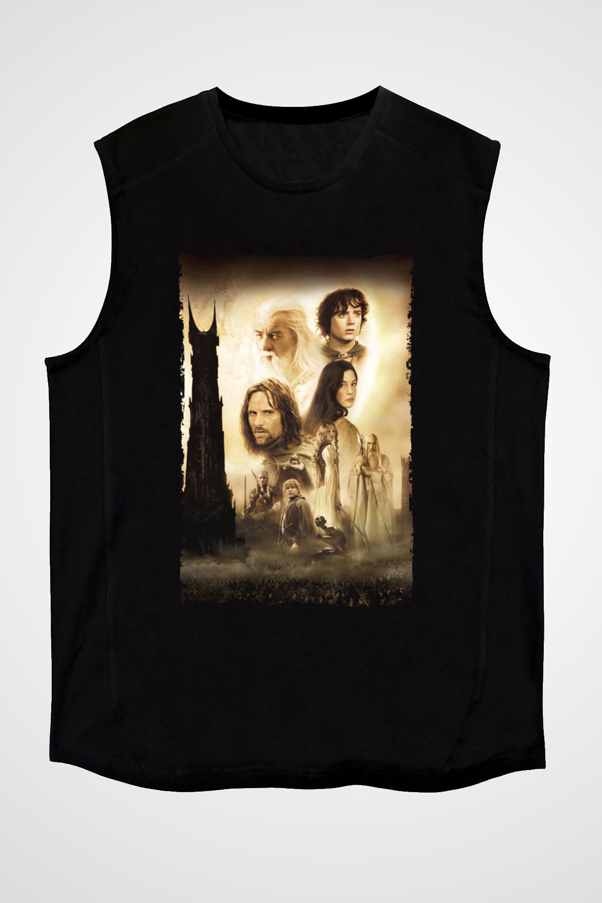 Unisex Yüzüklerin Efendisi İki Kule (The Lord of the Rings The Two Towers) Baskılı Siyah Kolsuz T-shirt