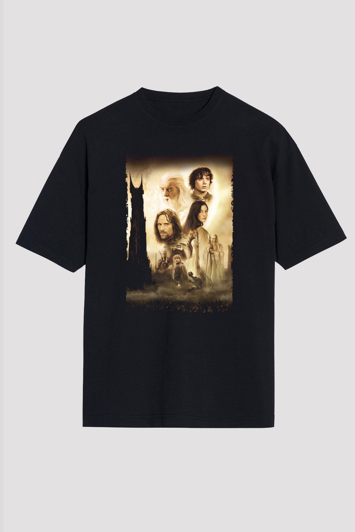 Unisex Yüzüklerin Efendisi İki Kule (The Lord of the Rings The Two Towers) Baskılı Siyah Oversize T-shirt