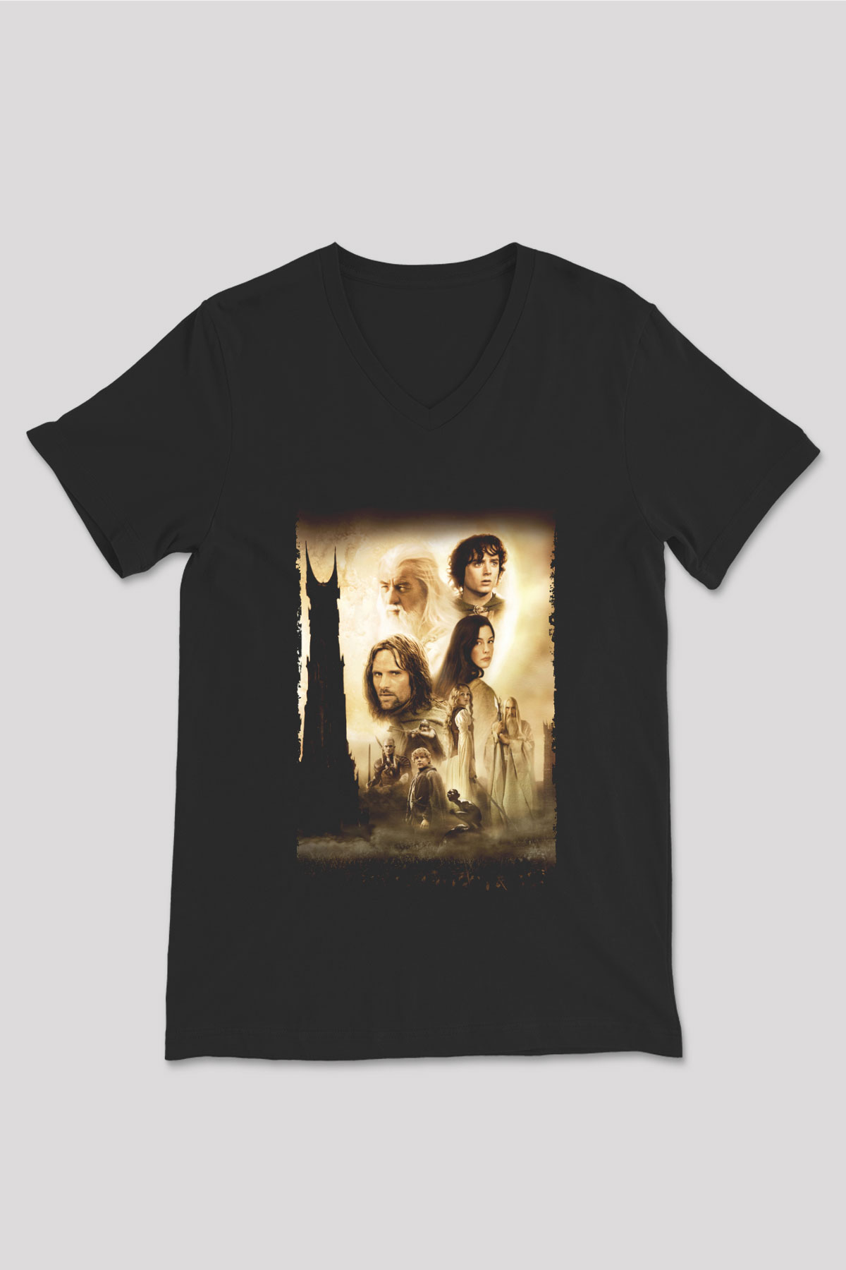 Unisex Yüzüklerin Efendisi İki Kule (The Lord of the Rings The Two Towers) Baskılı Siyah V Yaka T-shirt