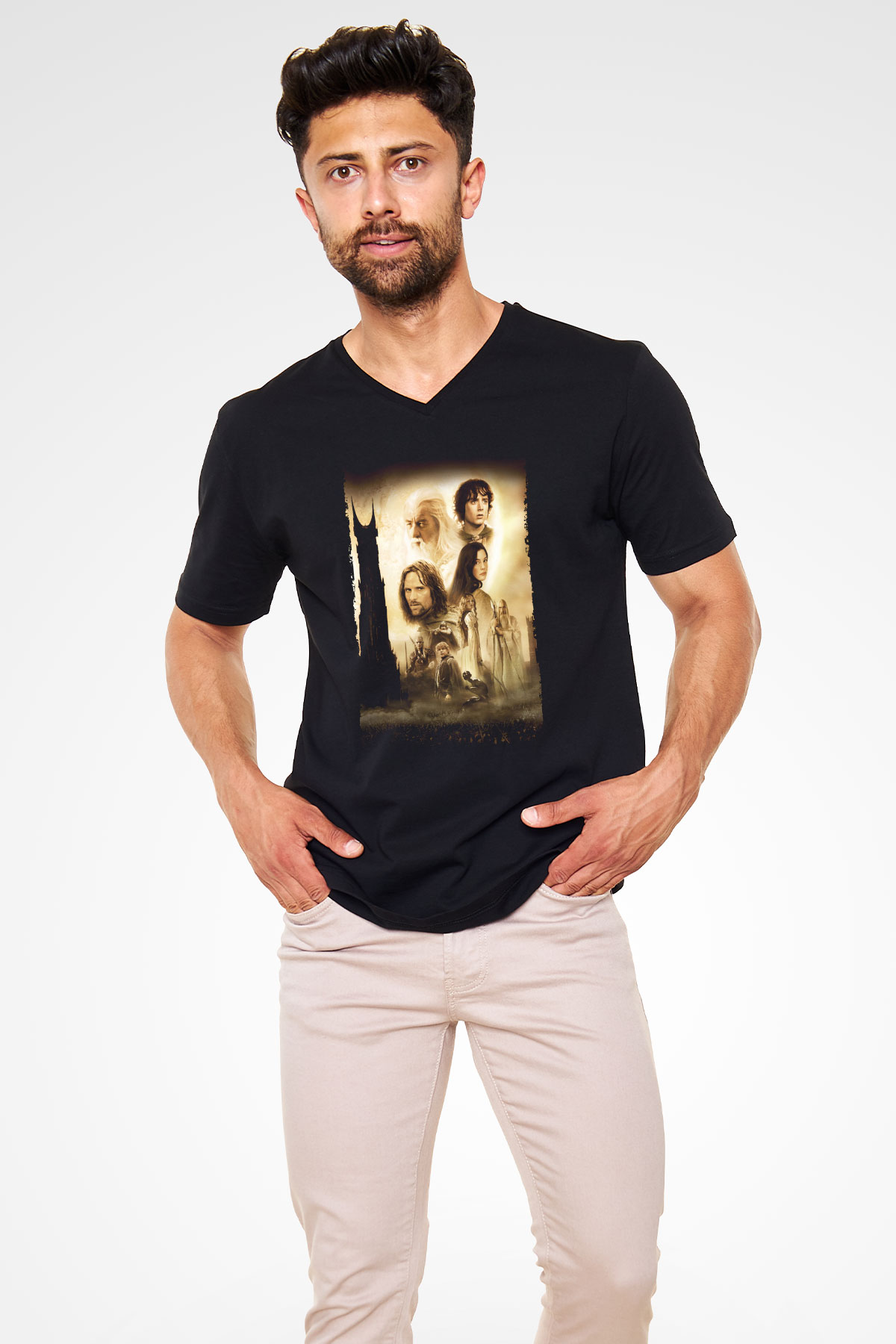 Unisex Yüzüklerin Efendisi İki Kule (The Lord of the Rings The Two Towers) Baskılı Siyah V Yaka T-shirt
