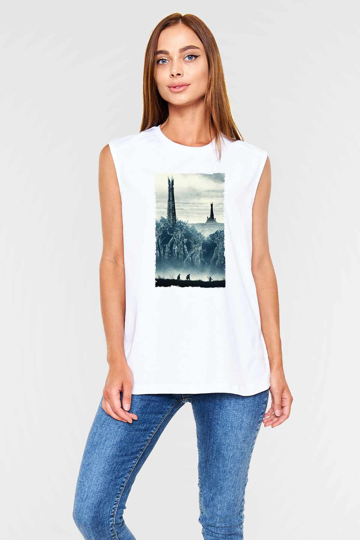 Unisex Yüzüklerin Efendisi İki Kule (The Lord of the Rings The Two Towers) Baskılı Beyaz Kolsuz Tshirt