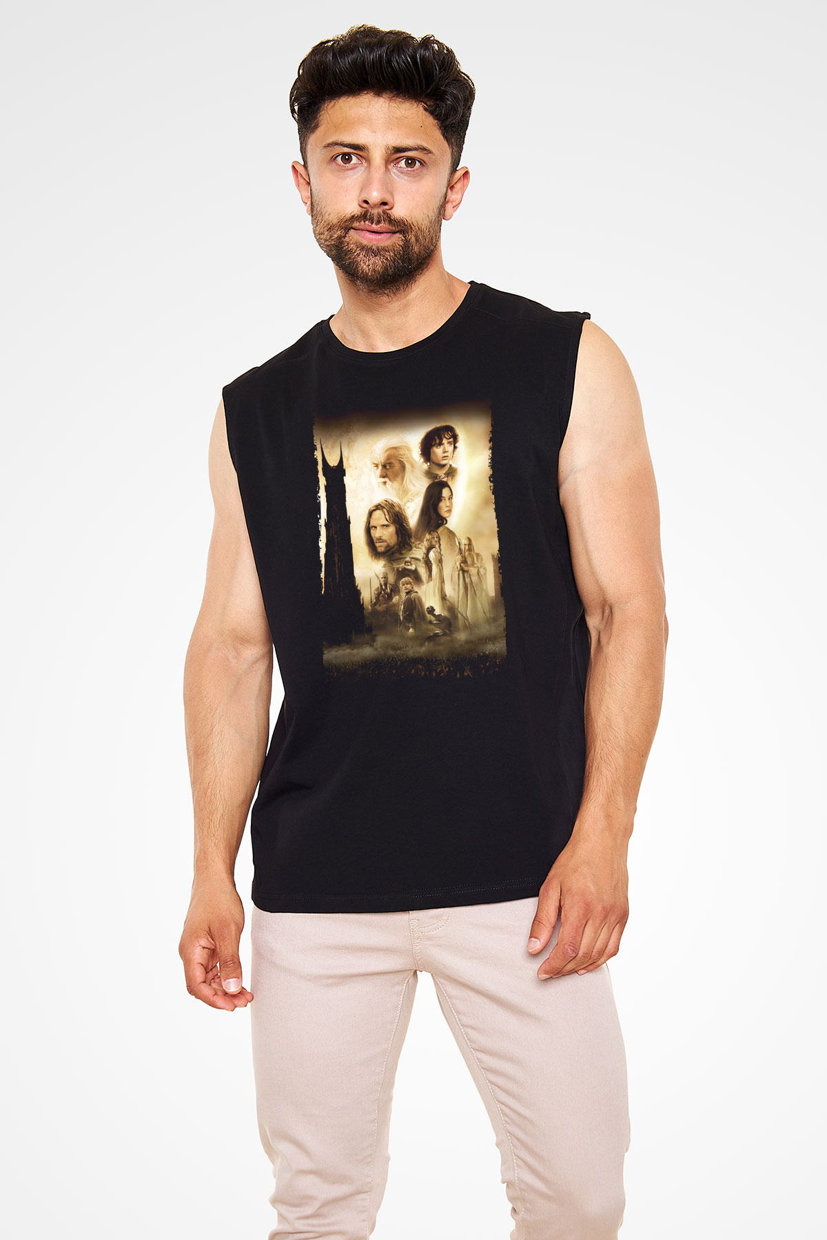 Unisex Yüzüklerin Efendisi İki Kule (The Lord of the Rings The Two Towers) Baskılı Siyah Kolsuz T-shirt