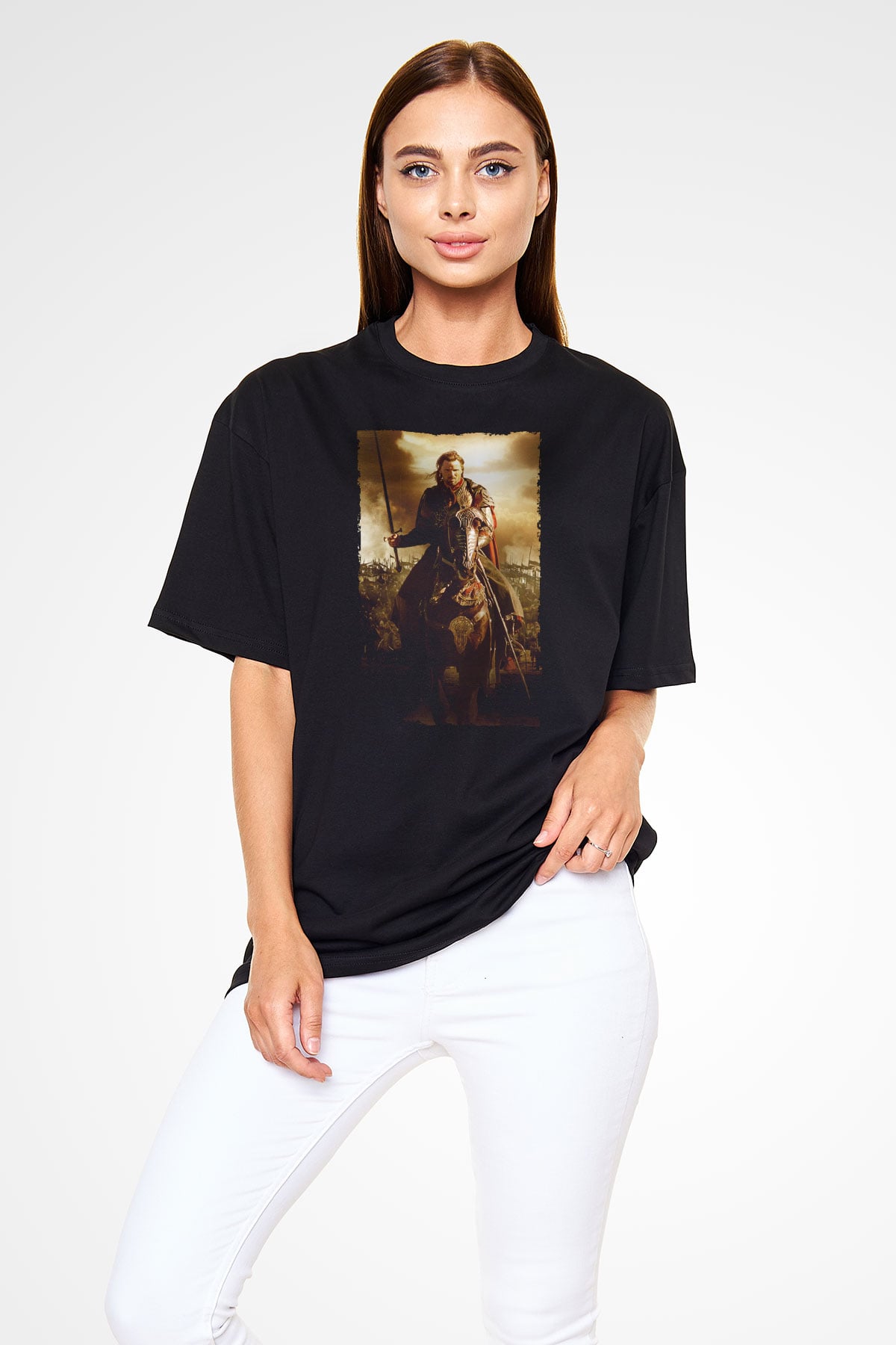 Unisex Yüzüklerin Efendisi Kralın Dönüşü (The Lord of the Rings The Return of the King) Baskılı Siyah Oversize Tişört