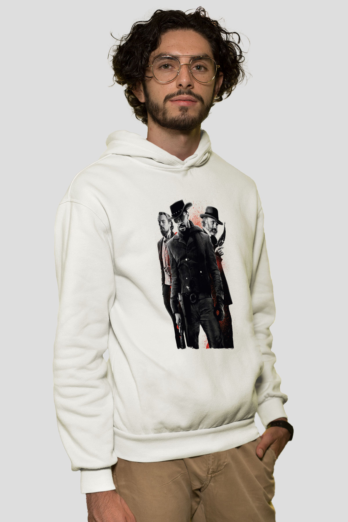 Unisex Zincirsiz - Django Unchained Baskılı Beyaz Kapüşonlu Sweatshirt