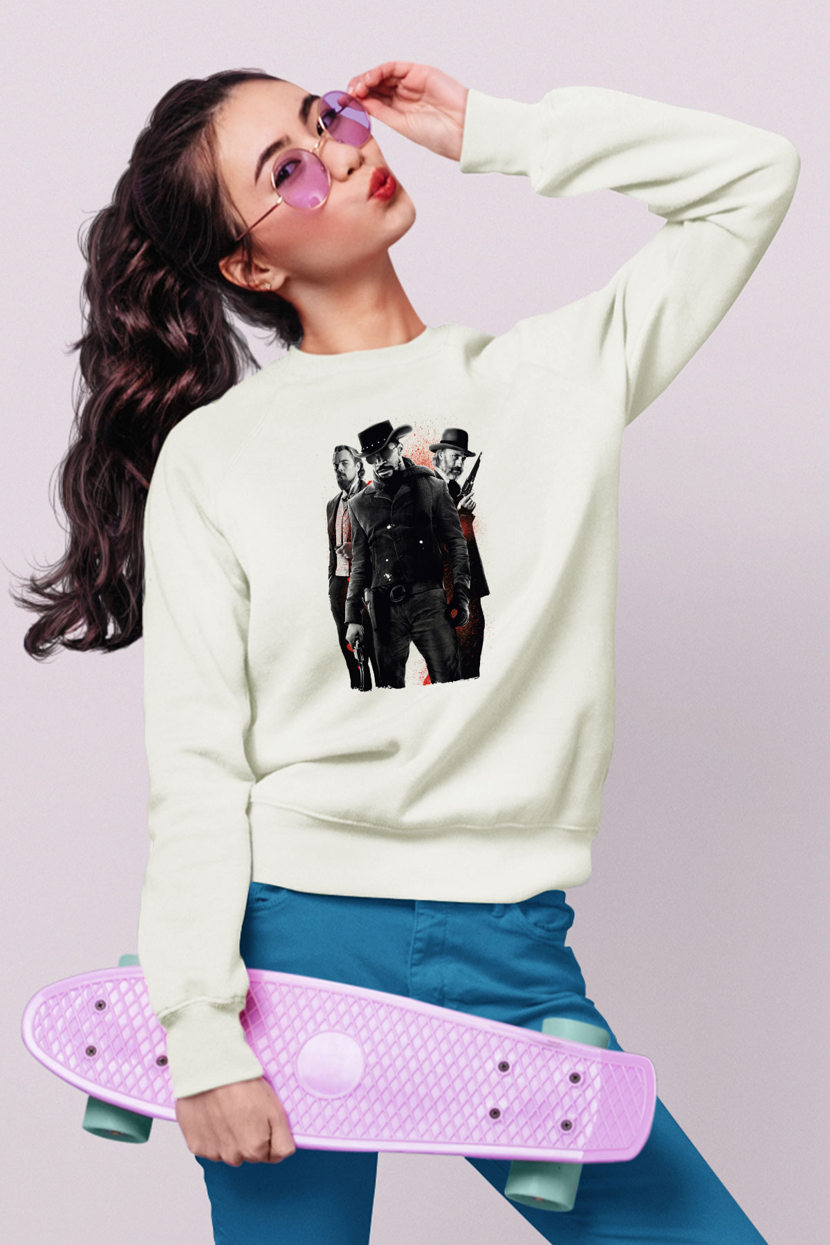 Unisex Zincirsiz - Django Unchained Baskılı Beyaz Sweatshirt