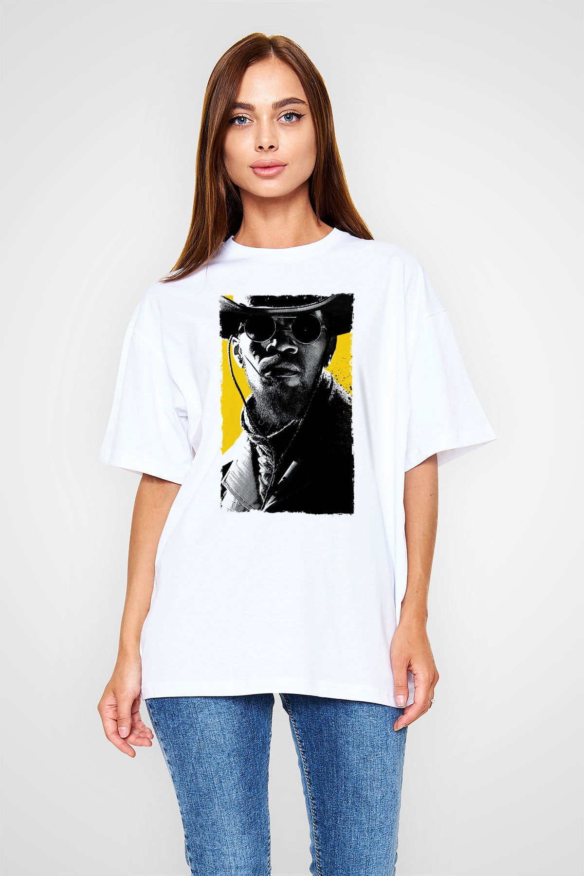Unisex Zincirsiz - Django Unchained Baskılı Beyaz Oversize Oversize T-shirt