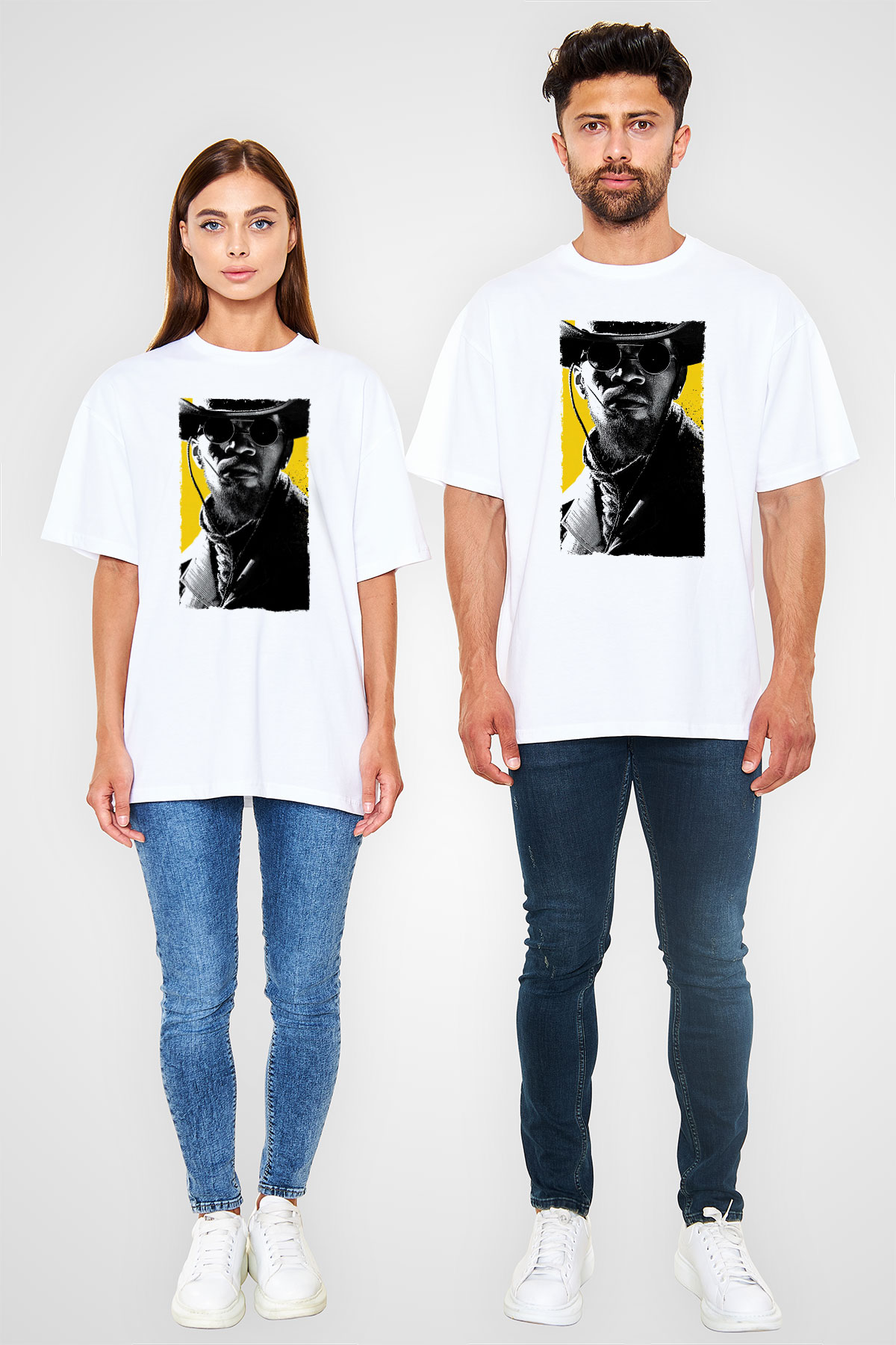 Unisex Zincirsiz - Django Unchained Baskılı Beyaz Oversize Oversize T-shirt