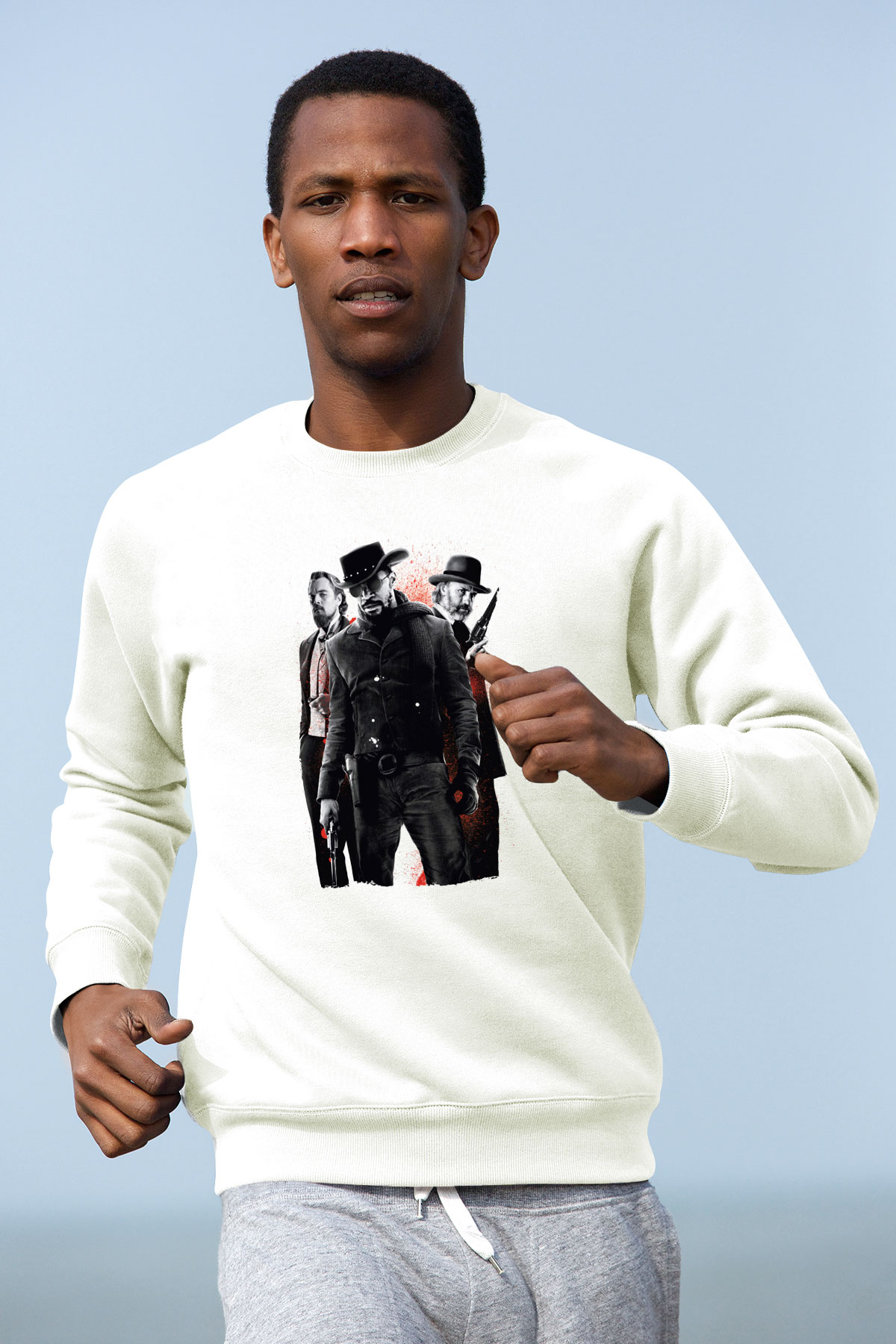 Unisex Zincirsiz - Django Unchained Baskılı Beyaz Sweatshirt