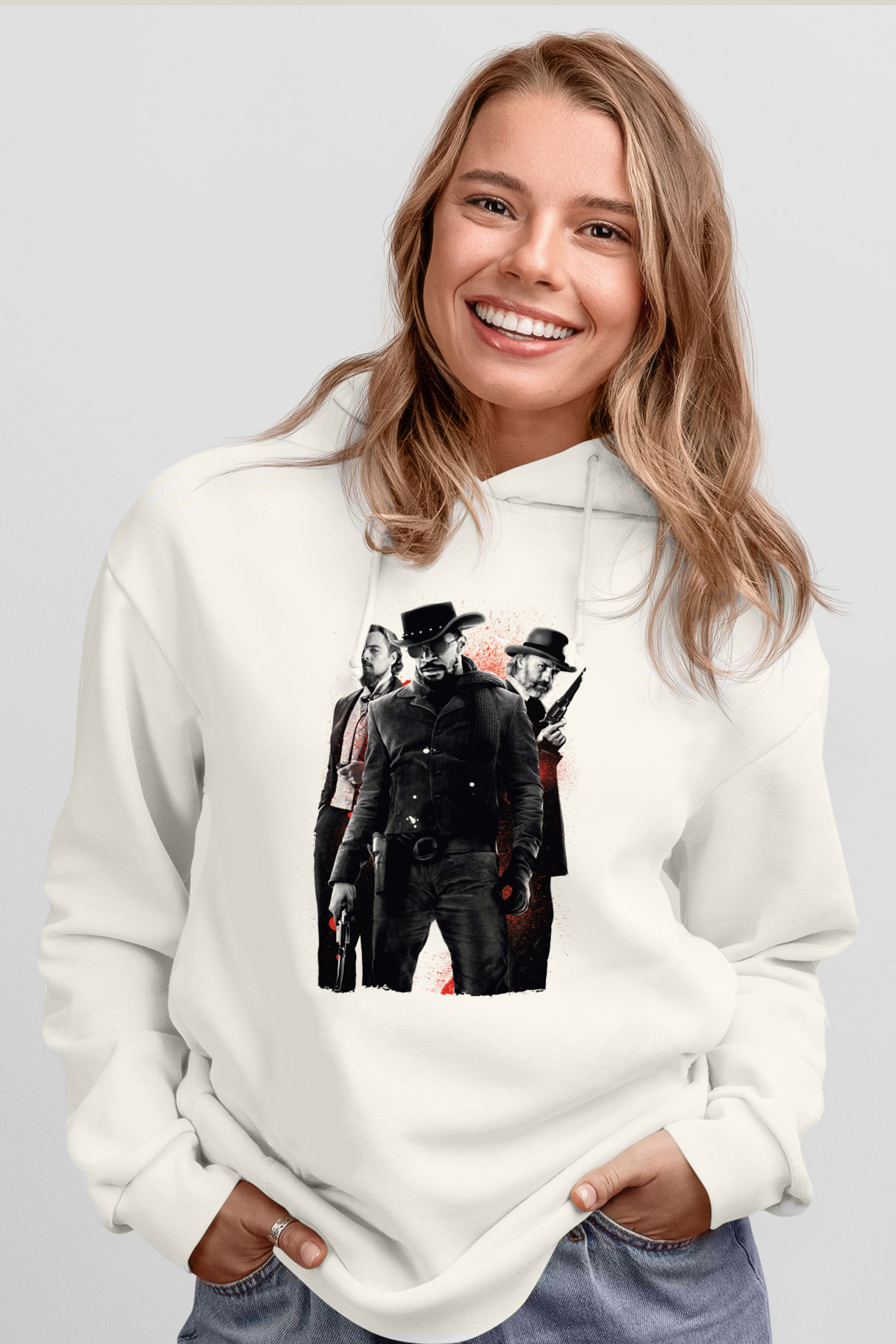 Unisex Zincirsiz - Django Unchained Baskılı Beyaz Kapüşonlu Sweatshirt