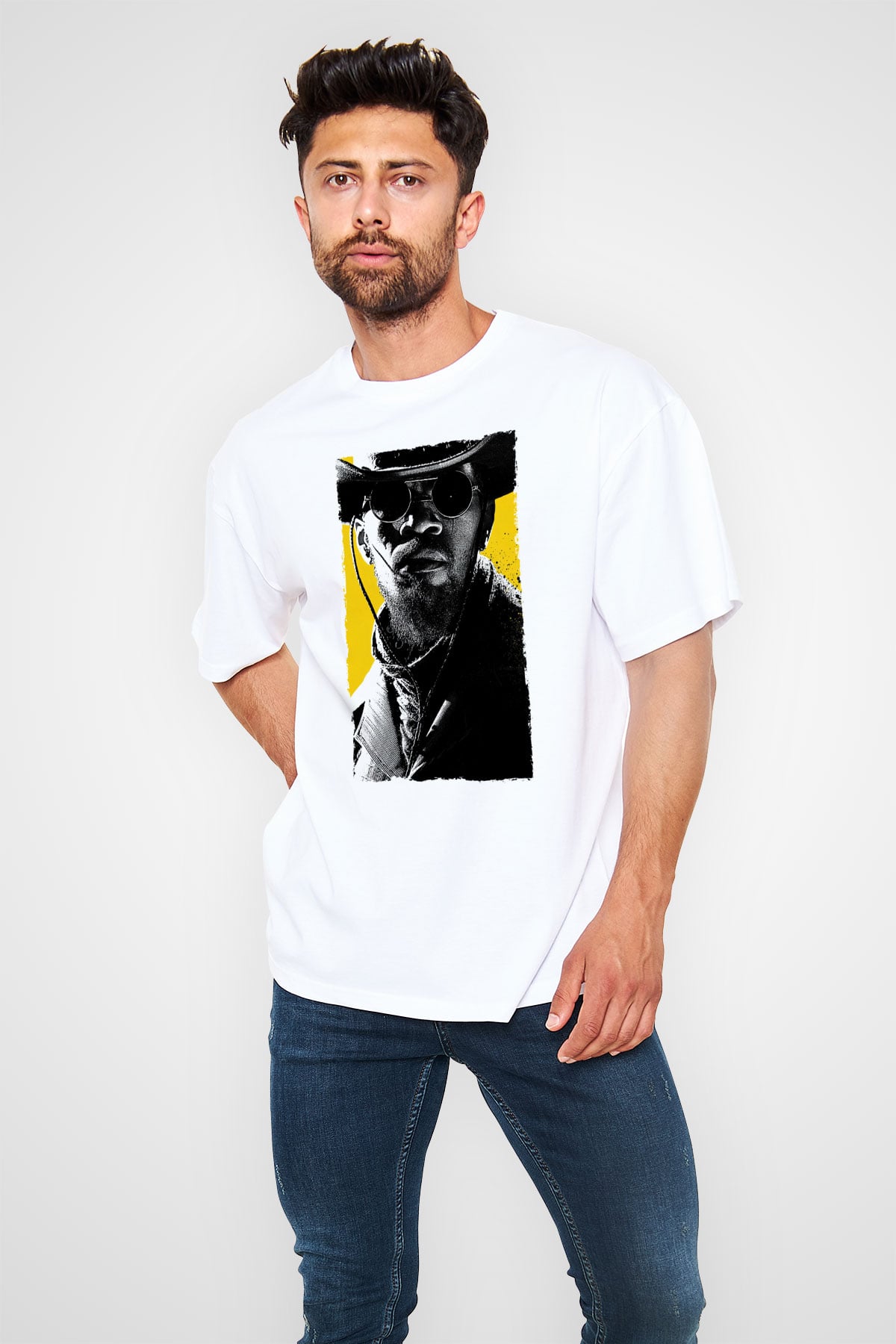 Unisex Zincirsiz - Django Unchained Baskılı Beyaz Oversize Oversize T-shirt