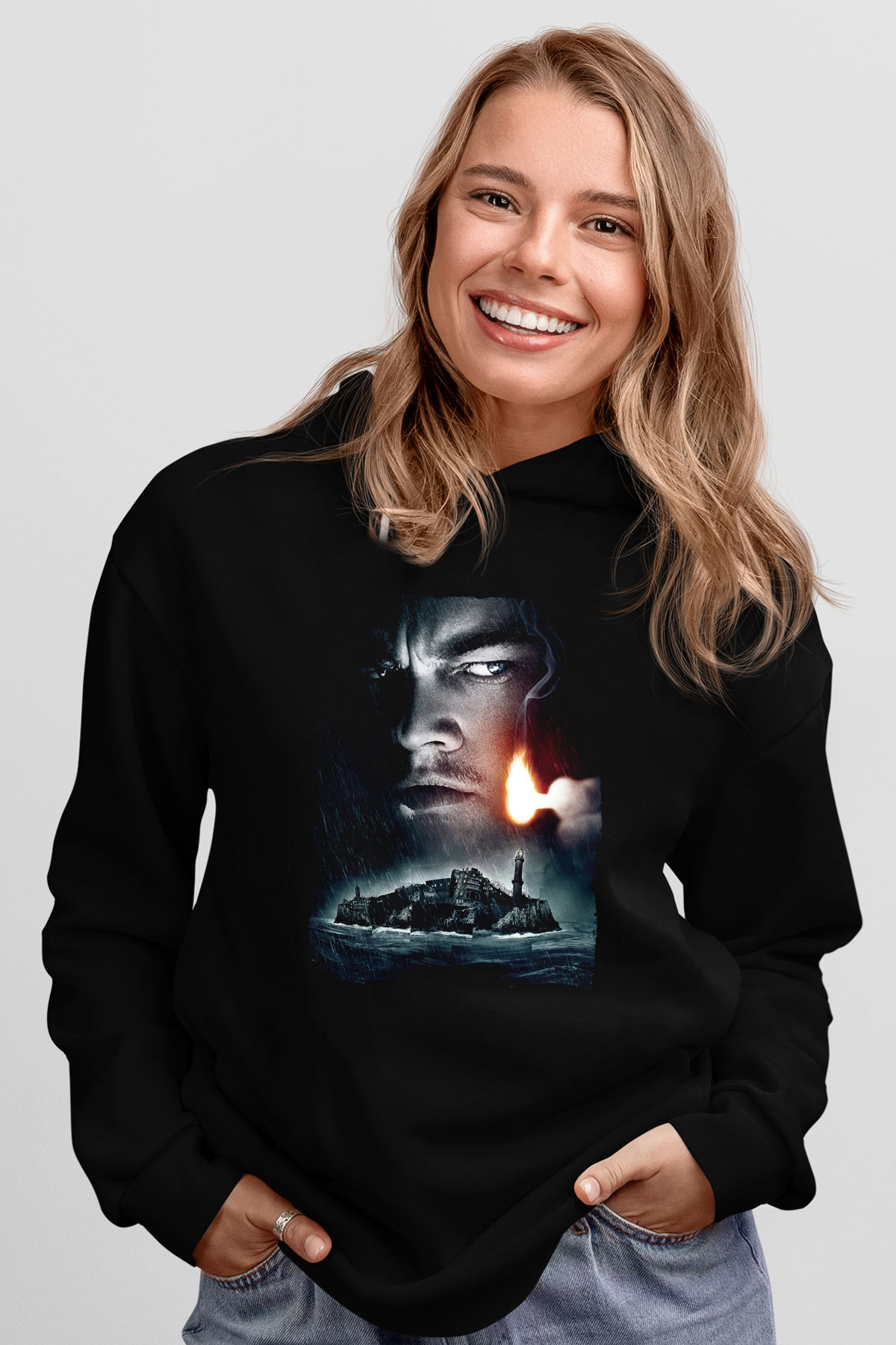 Unisex Zindan Adası (Shutter Island) Baskılı Siyah Kapüşonlu Sweatshirt