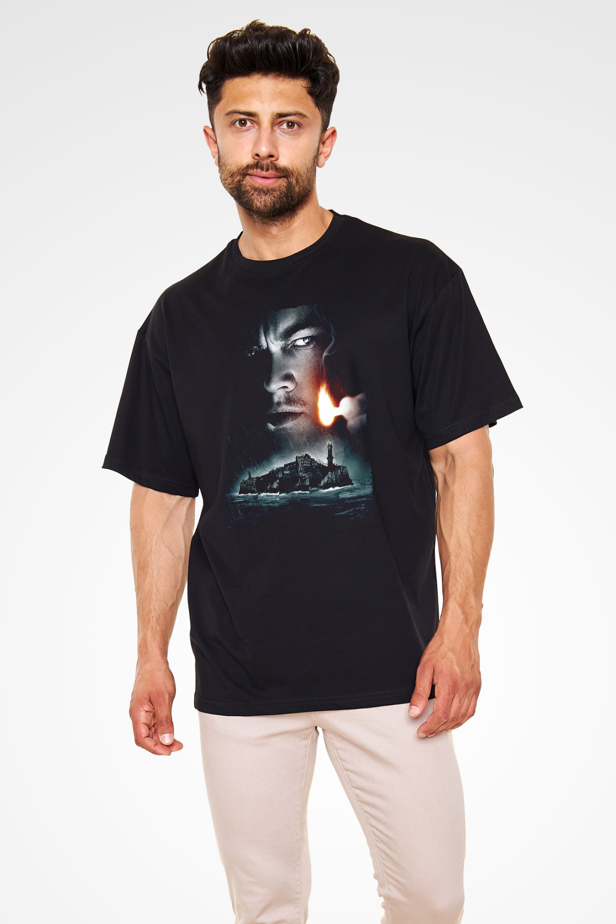Unisex Zindan Adası (Shutter Island) Baskılı Siyah Oversize Tshirt
