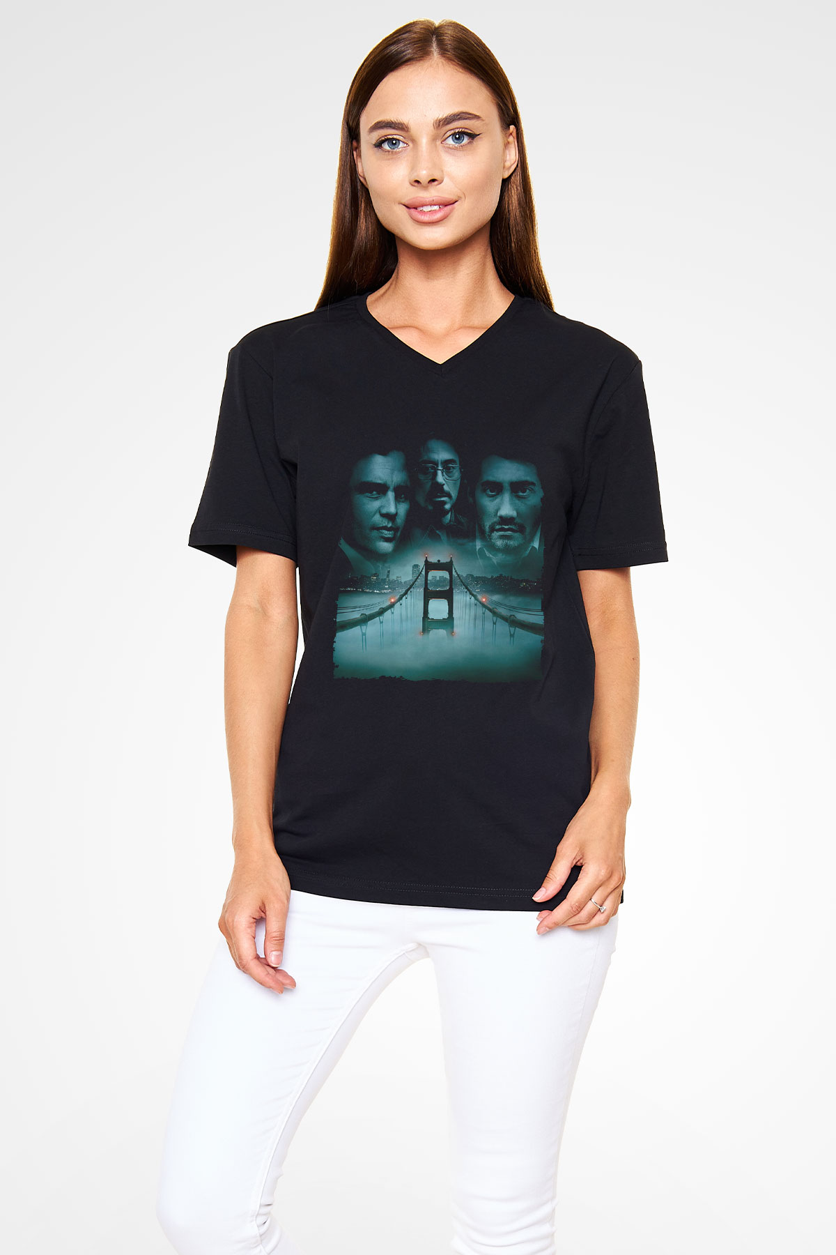 Unisex Zodiac Baskılı Siyah V Yaka T-shirt