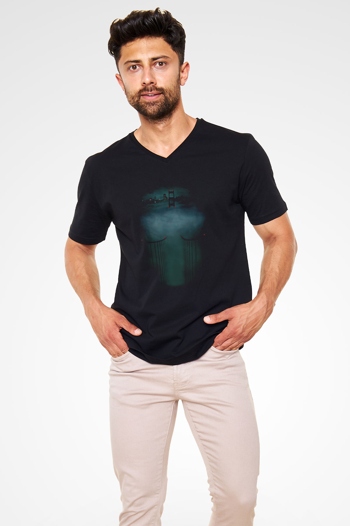 Unisex Zodiac Baskılı Siyah V Yaka Tshirt