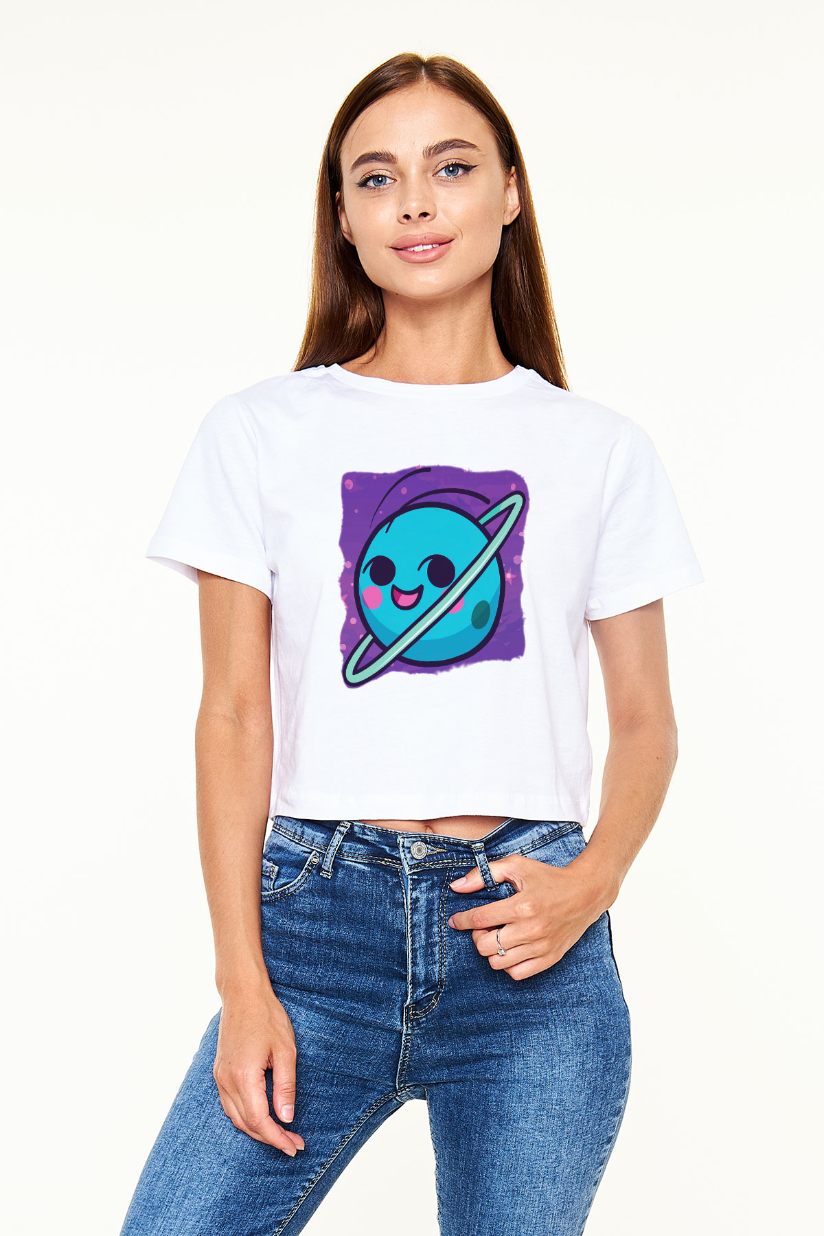 Uranüs Beyaz Croptop Tişört