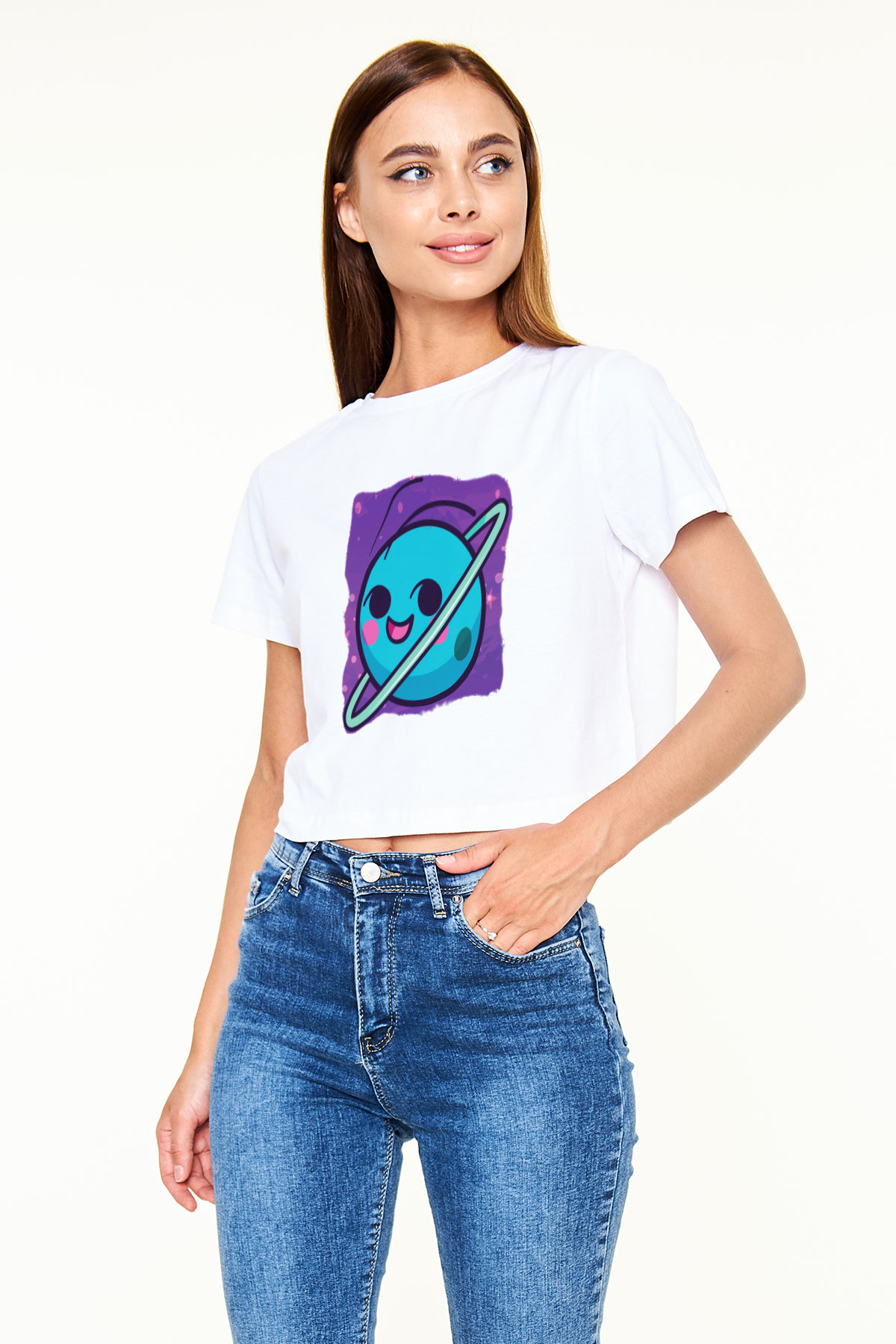 Uranüs Beyaz Croptop Tişört