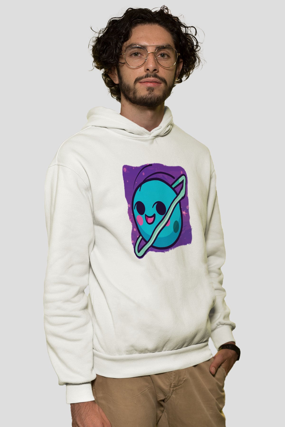 Uranüs Beyaz Unisex Kapşonlu Sweatshirt