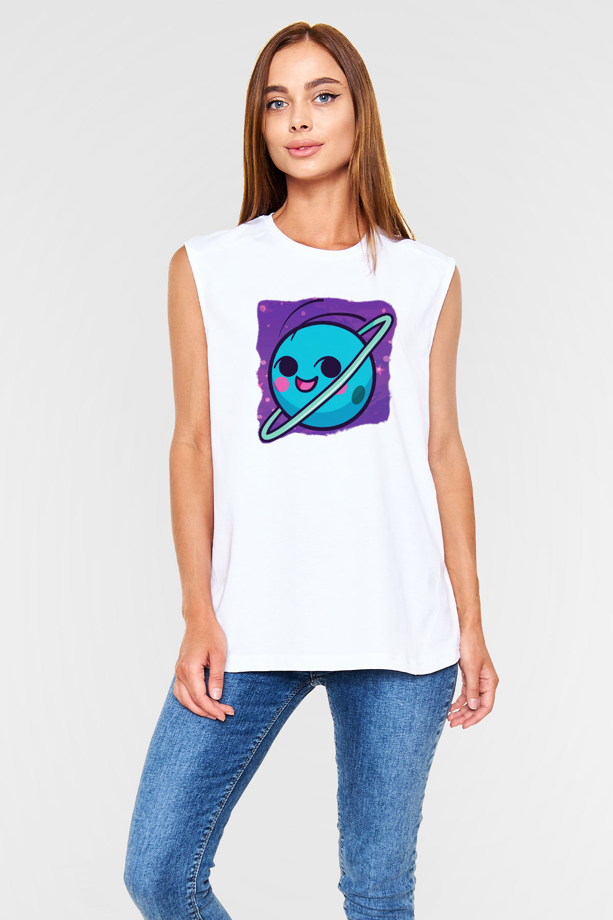 Uranüs Beyaz Unisex Kolsuz Tişört