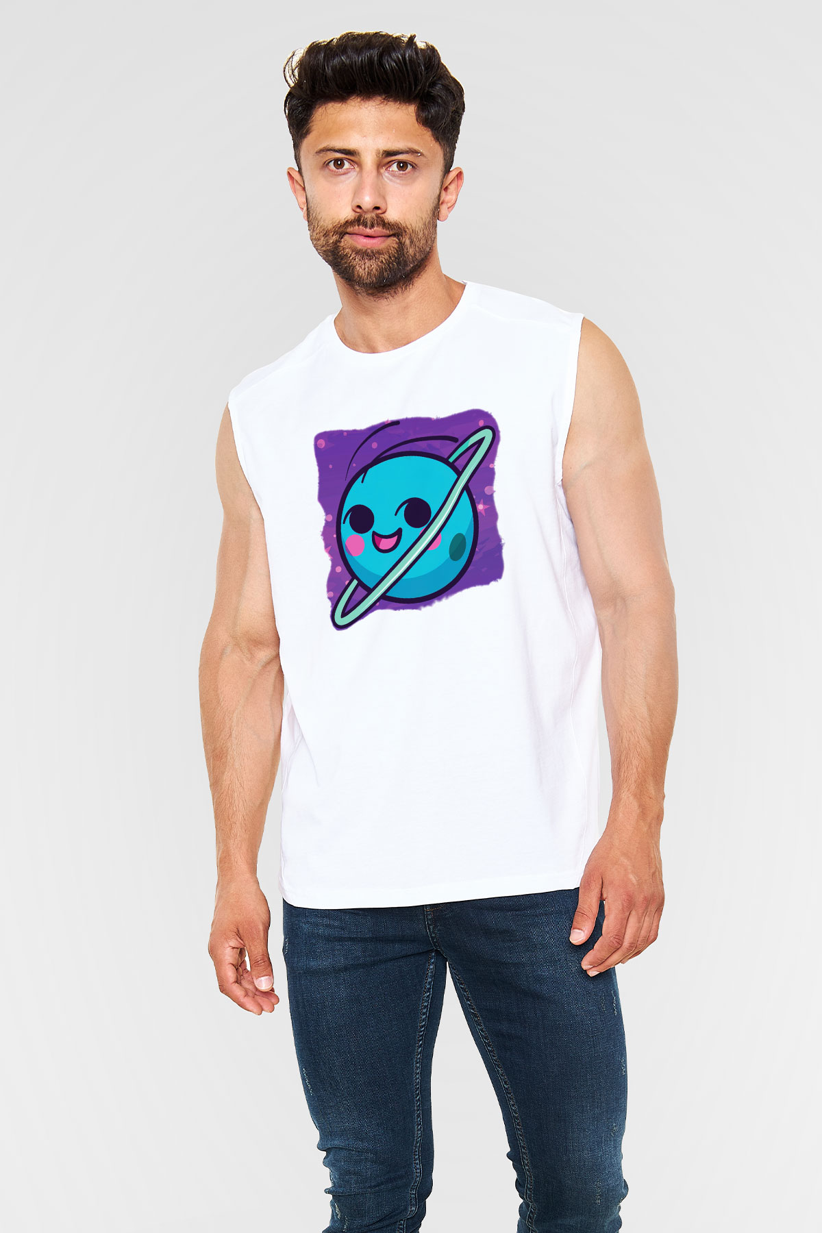 Uranüs Beyaz Unisex Kolsuz Tişört