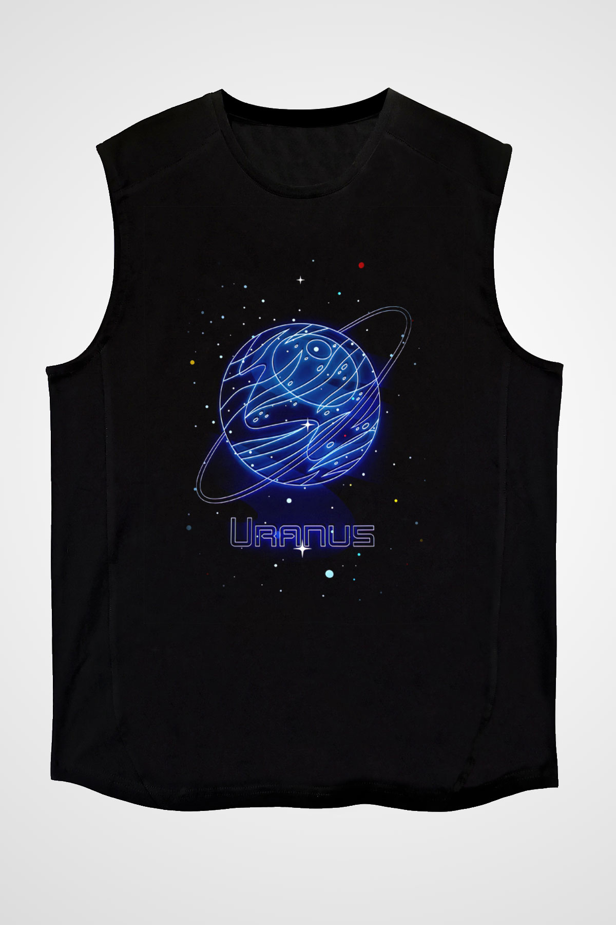 Uranüs Çizim Baskılı Unisex Kolsuz Siyah Tişört - Tshirt