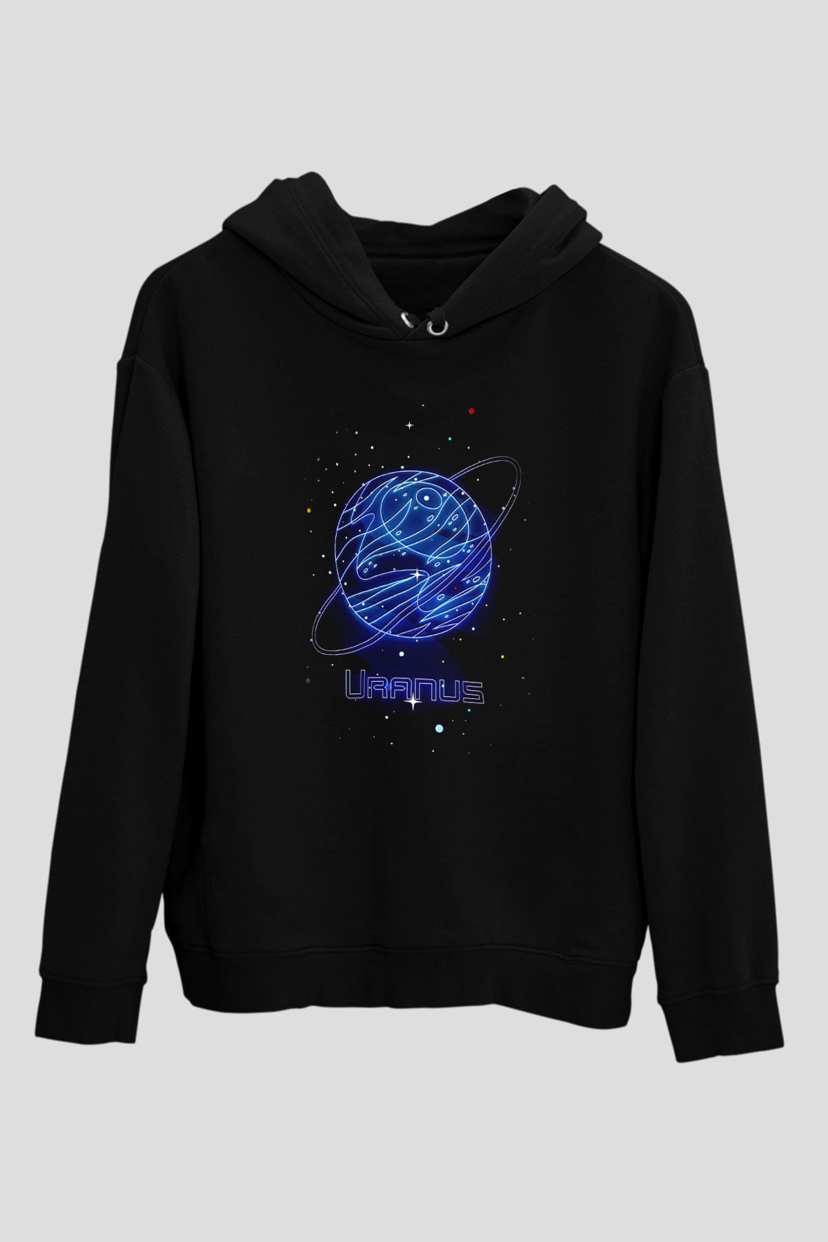 Uranüs Çizim Baskılı Unisex Siyah Kapüşonlu Sweatshirt