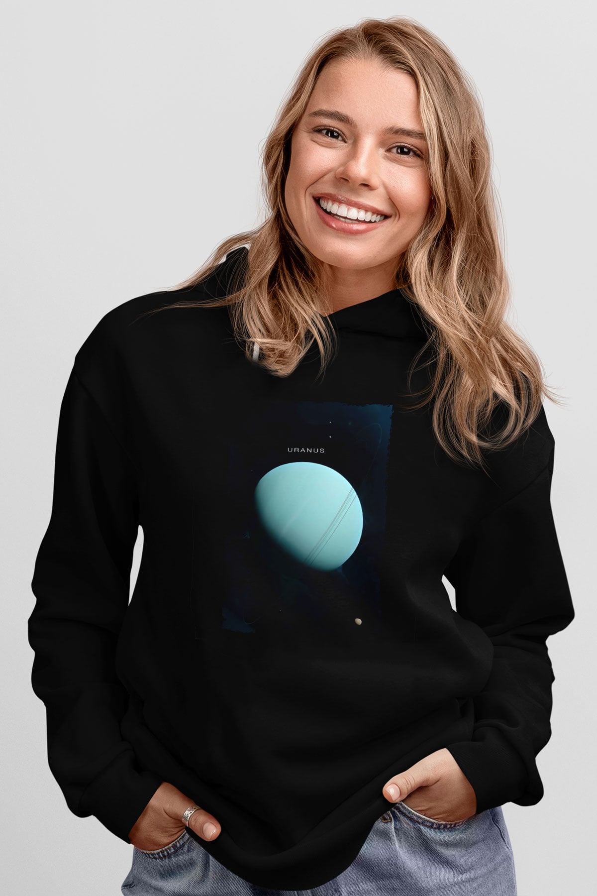 Uranüs Fotoğraf Baskılı Unisex Siyah Kapüşonlu Sweatshirt