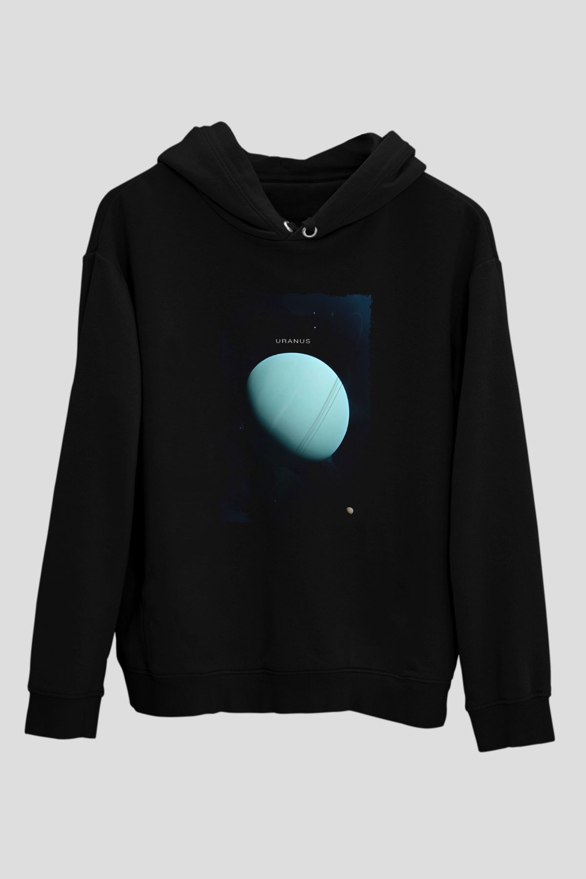 Uranüs Fotoğraf Baskılı Unisex Siyah Kapüşonlu Sweatshirt