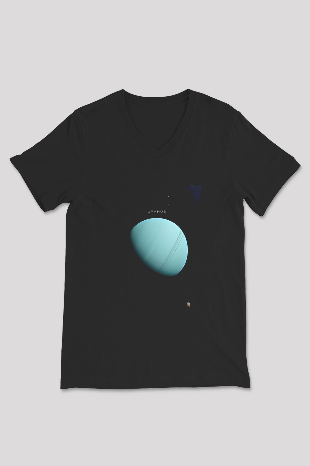 Uranüs Fotoğraf Baskılı Unisex V Yaka Siyah Tİşört - Tshirt