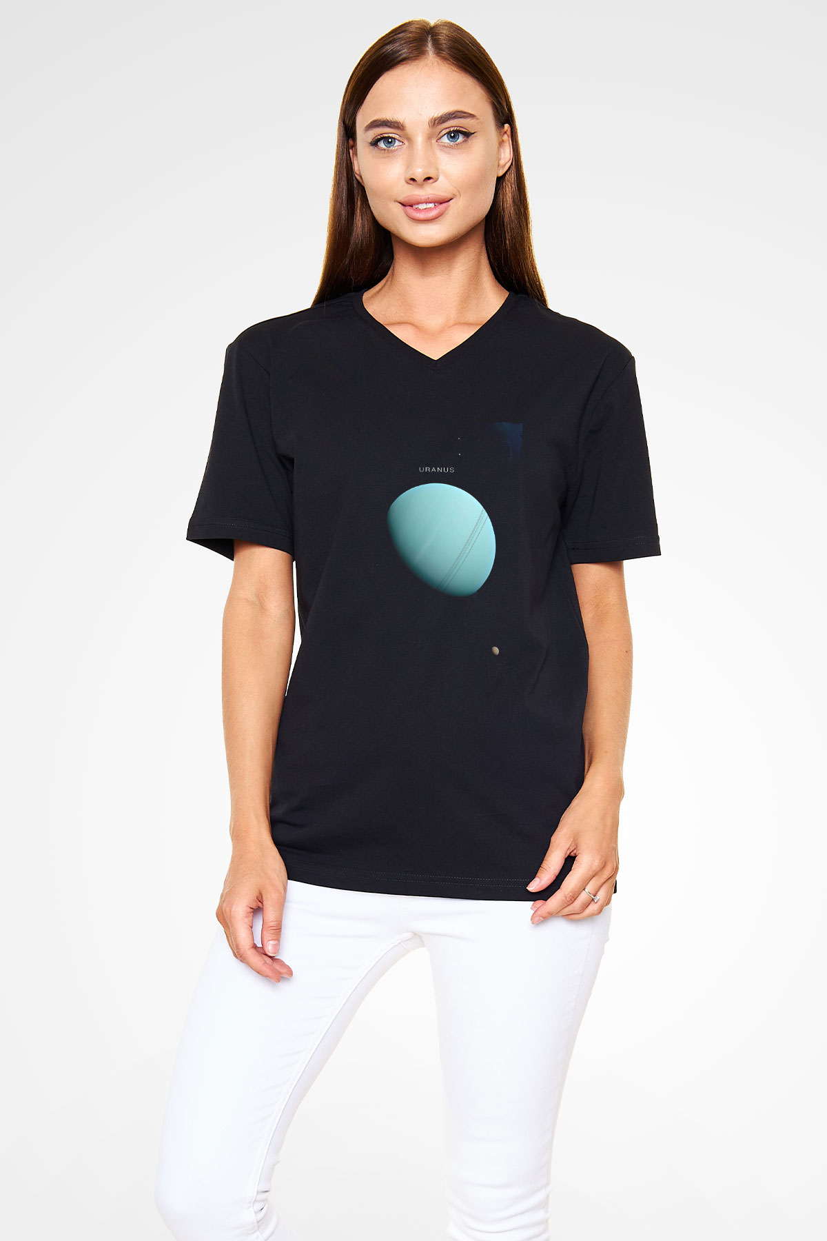 Uranüs Fotoğraf Baskılı Unisex V Yaka Siyah Tİşört - Tshirt