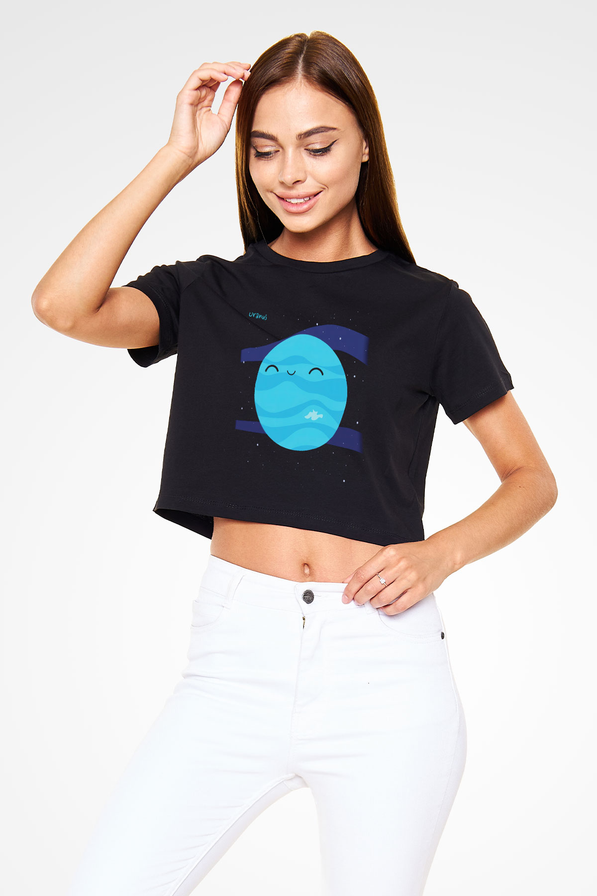 Uranüs Siyah Crop Top Tişört