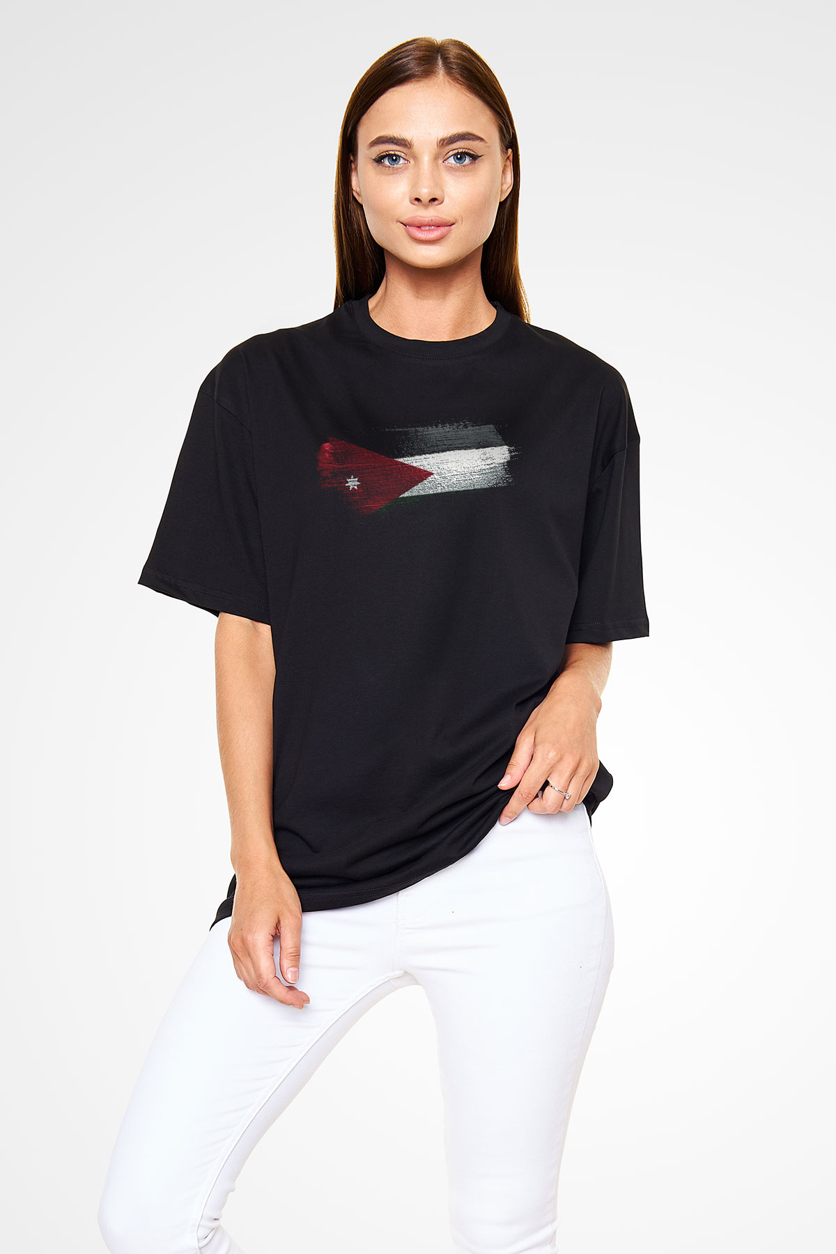Ürdün Bayrağı Baskılı Unisex Siyah Oversize Tişört