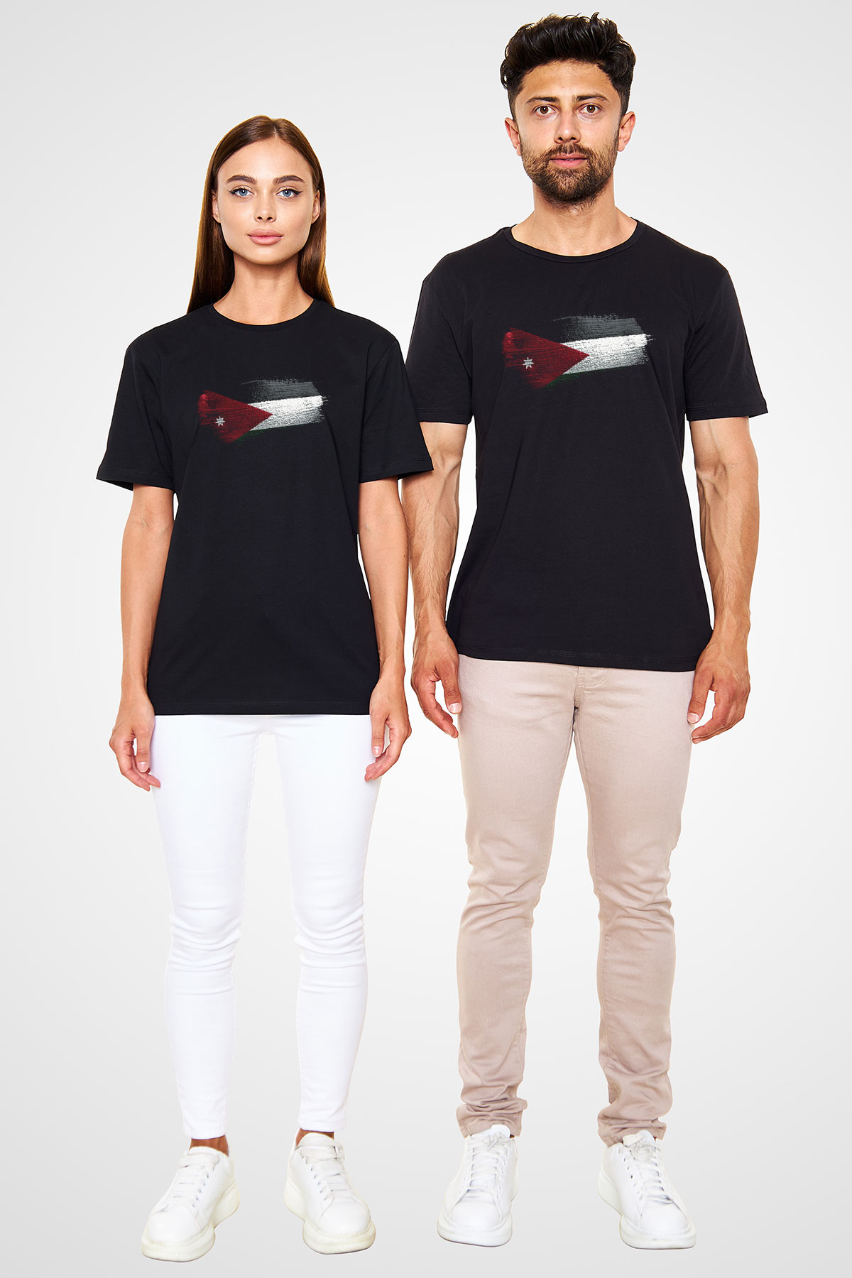 Ürdün Bayrağı Baskılı Unisex Siyah Tişört