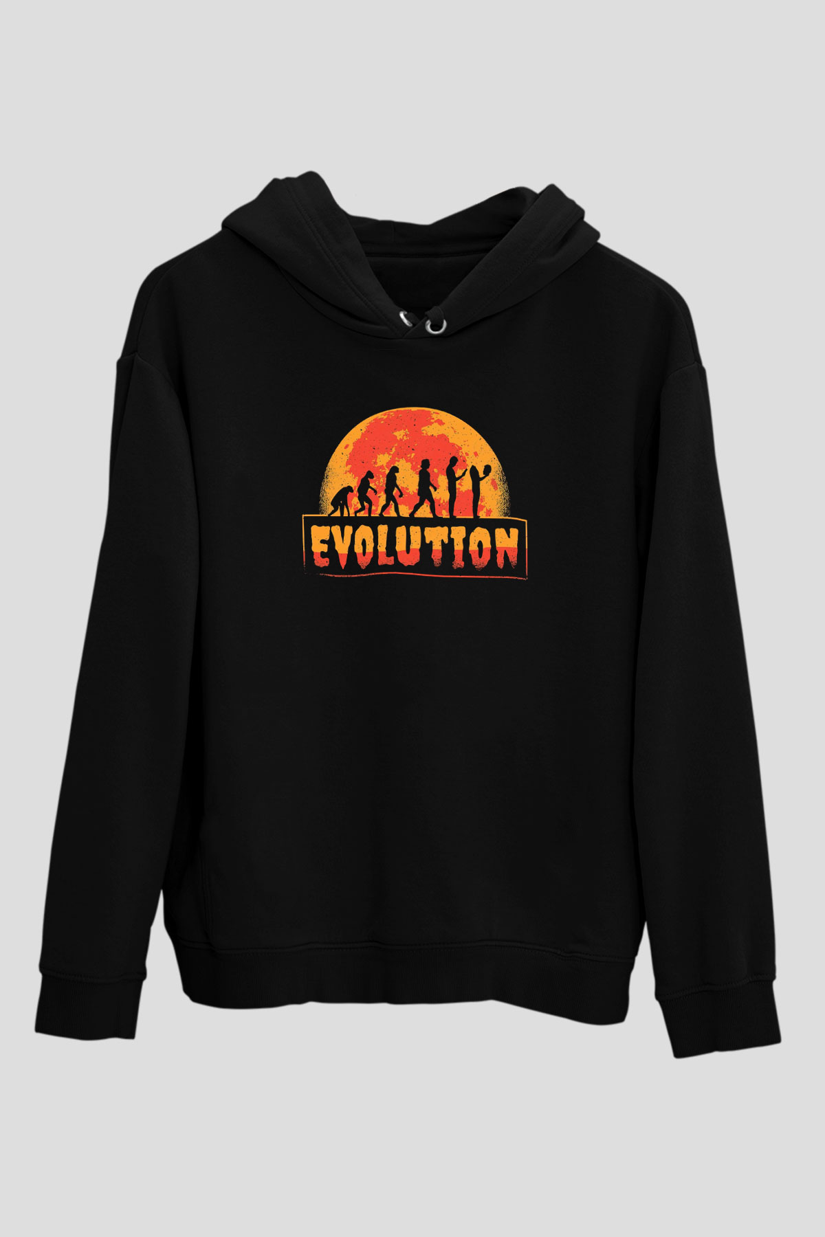 Ürpertici Evrim Baskılı Unisex Siyah Kapüşonlu Sweatshirt