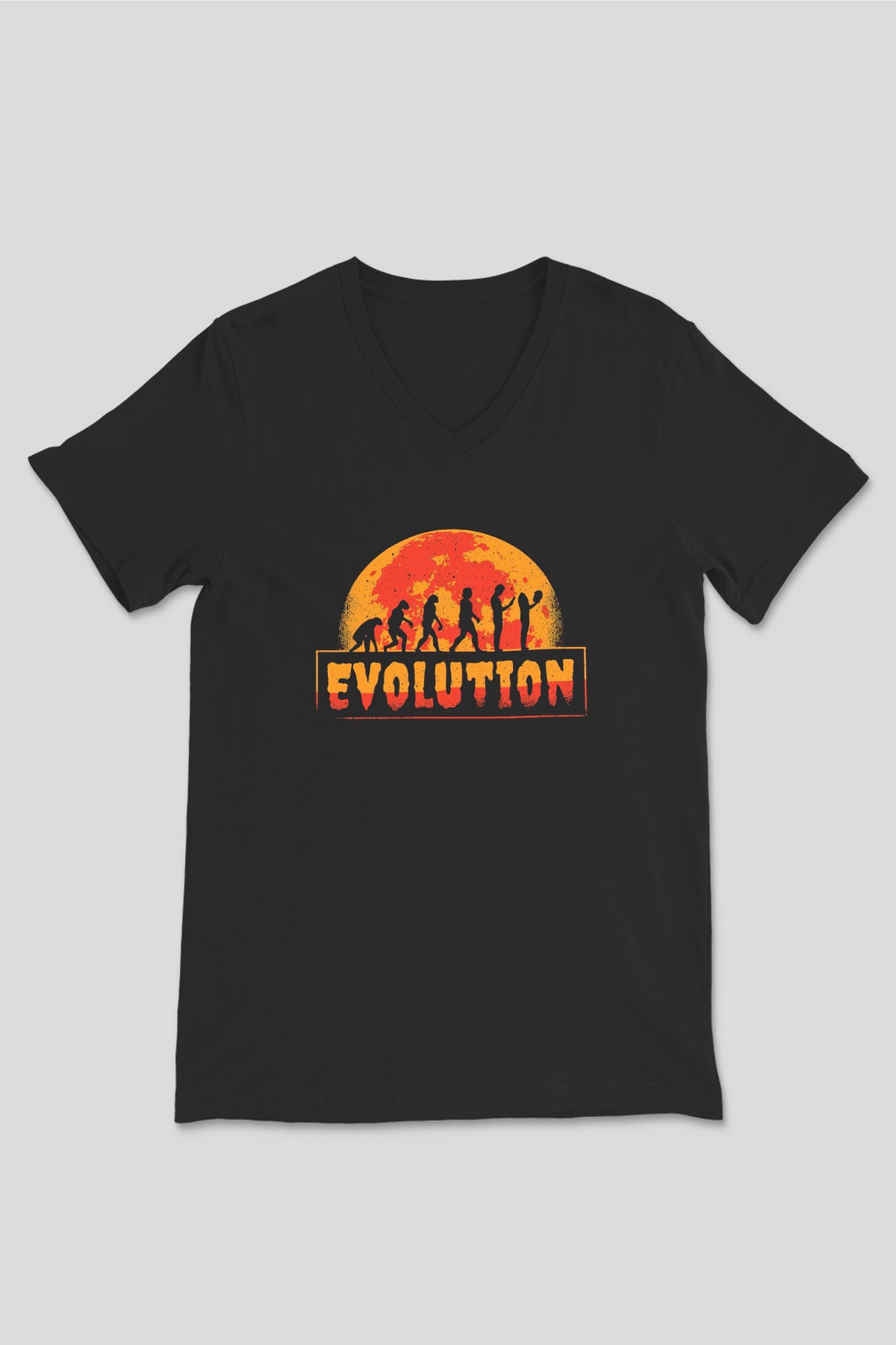 Ürpertici Evrim Baskılı Unisex V Yaka Siyah Tİşört - Tshirt