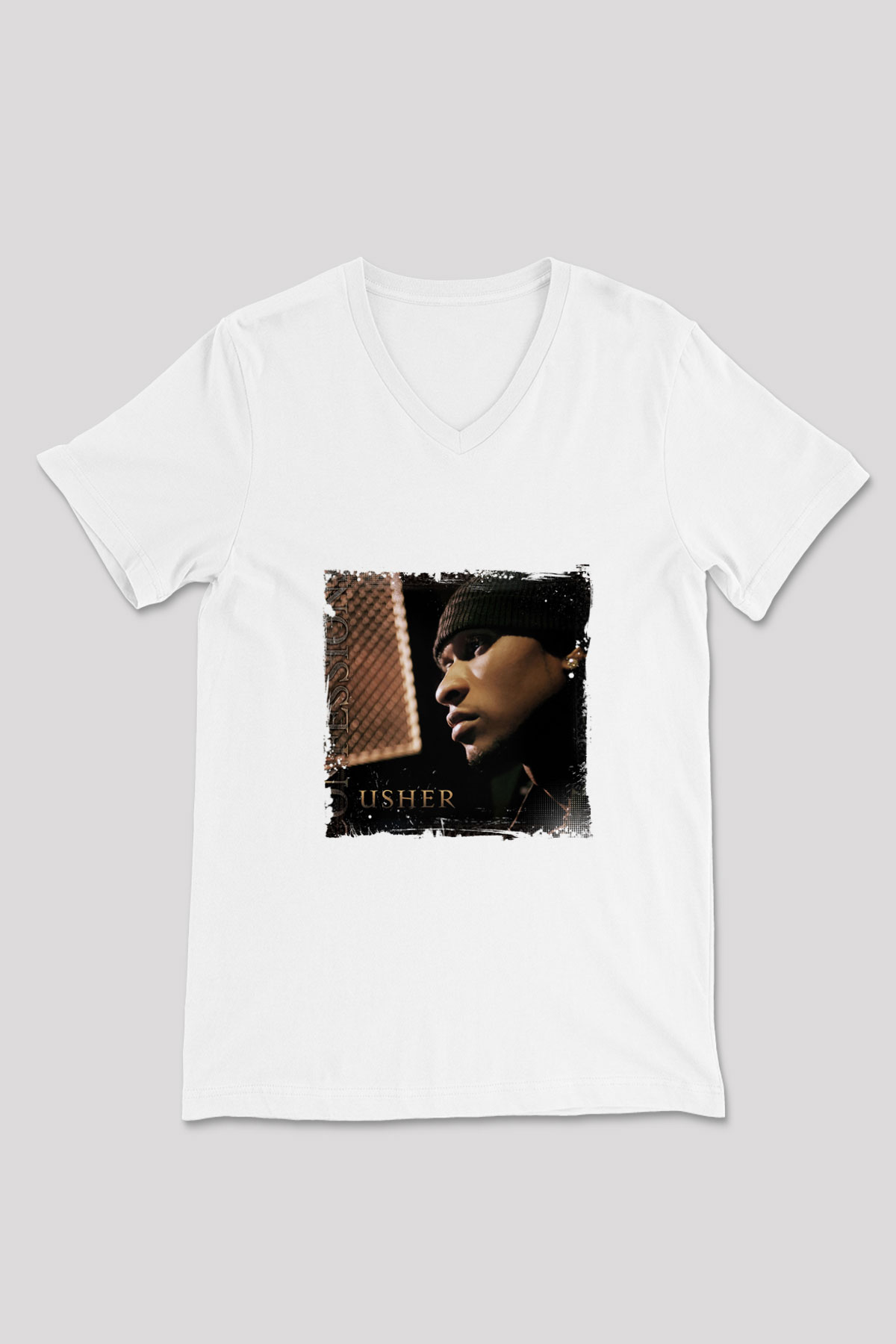 Usher  Baskılı Beyaz V Yaka Unisex Tişört