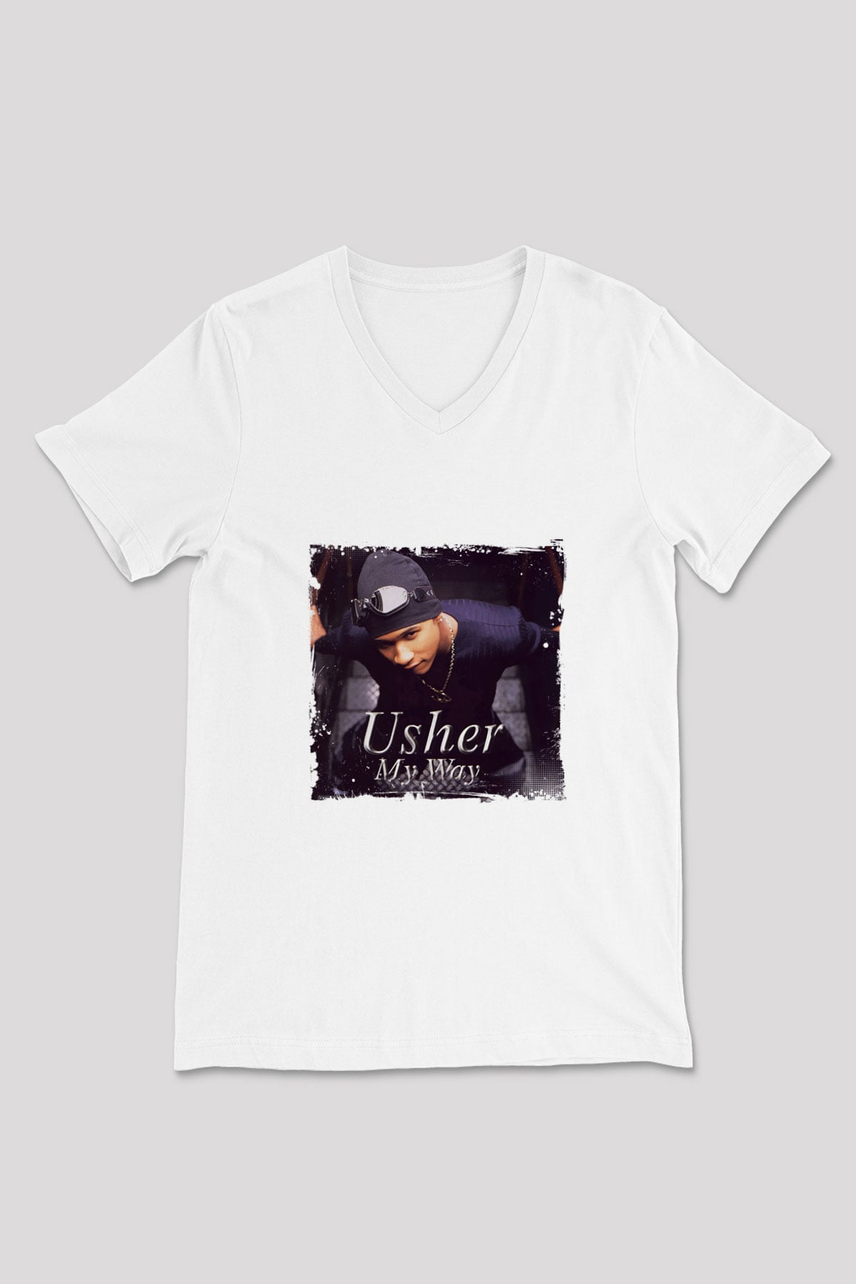 Usher  Baskılı Beyaz V Yaka Unisex Tişört
