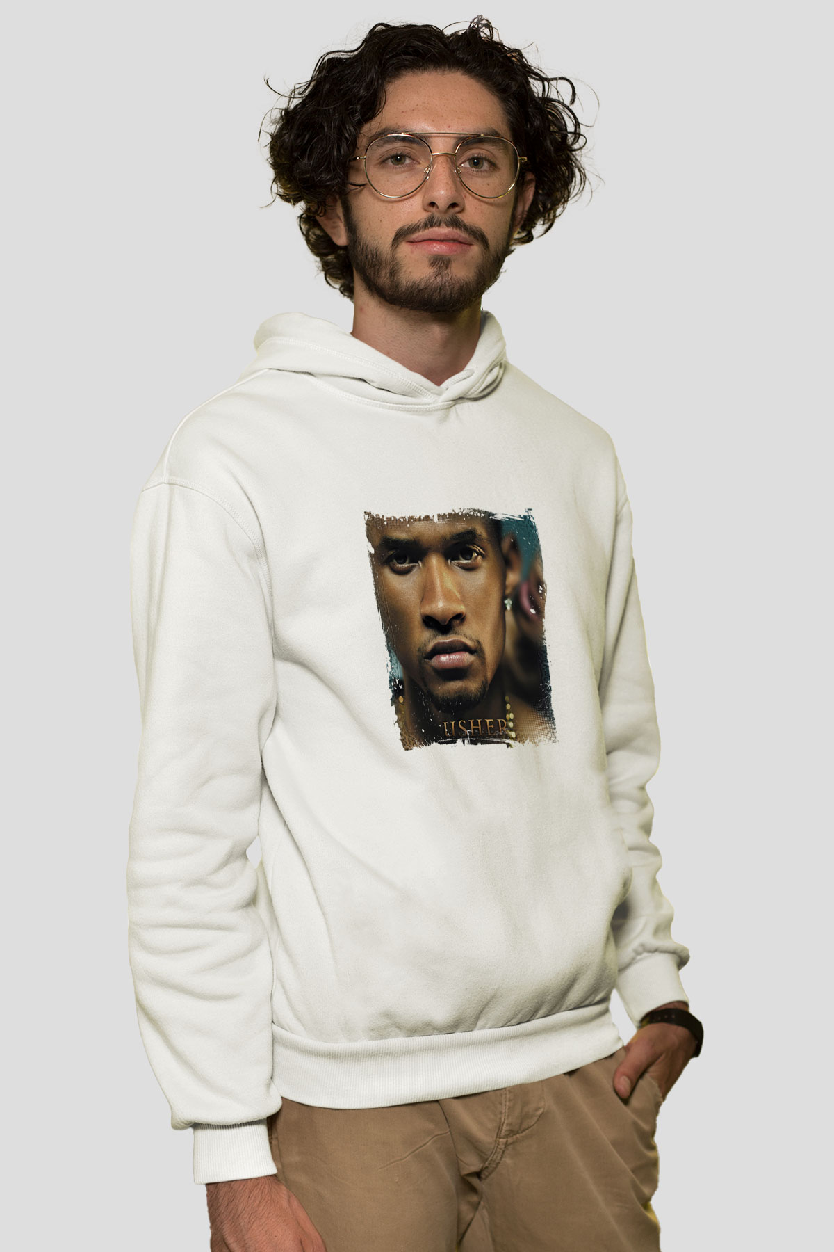 Usher  Baskılı Unisex Beyaz Kapüşonlu Sweatshirt
