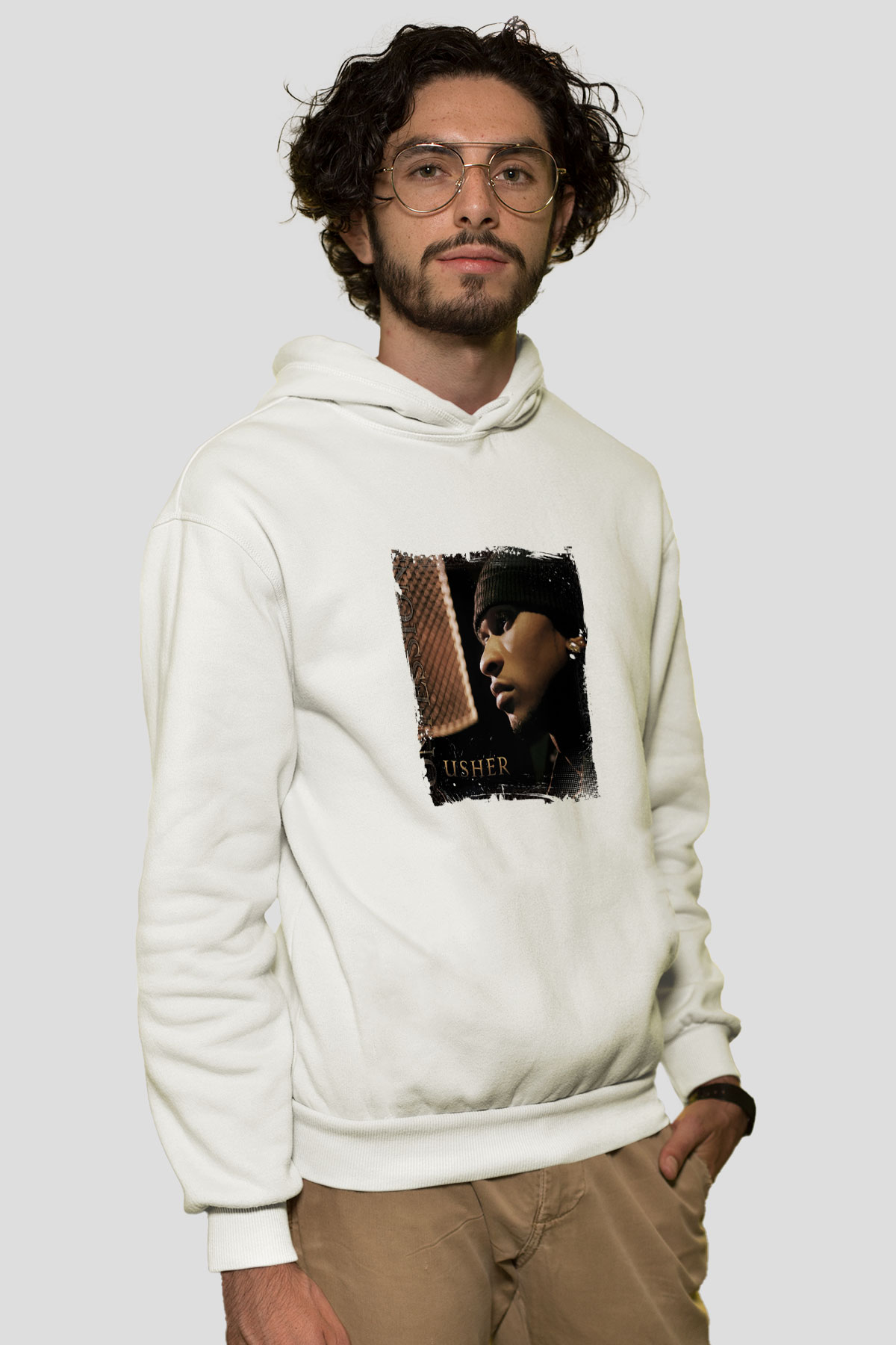 Usher  Baskılı Unisex Beyaz Kapüşonlu Sweatshirt