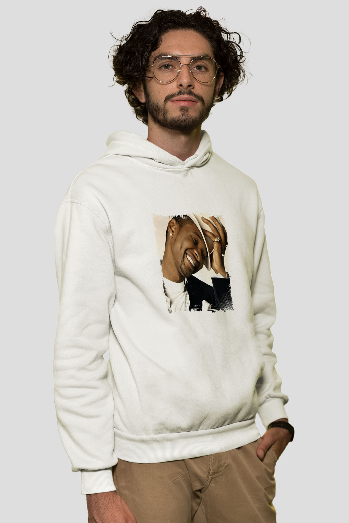 Usher  Baskılı Unisex Beyaz Kapüşonlu Sweatshirt
