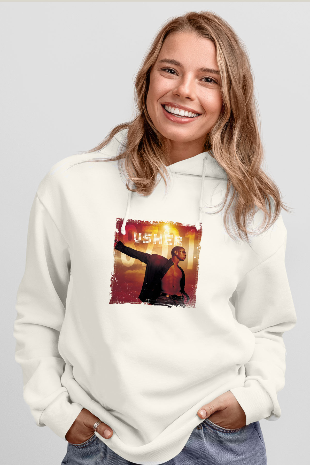 Usher  Baskılı Unisex Beyaz Kapüşonlu Sweatshirt
