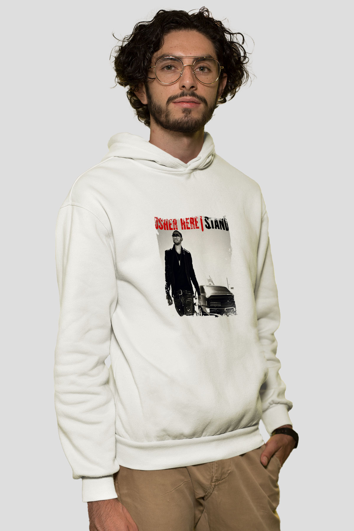 Usher  Baskılı Unisex Beyaz Kapüşonlu Sweatshirt