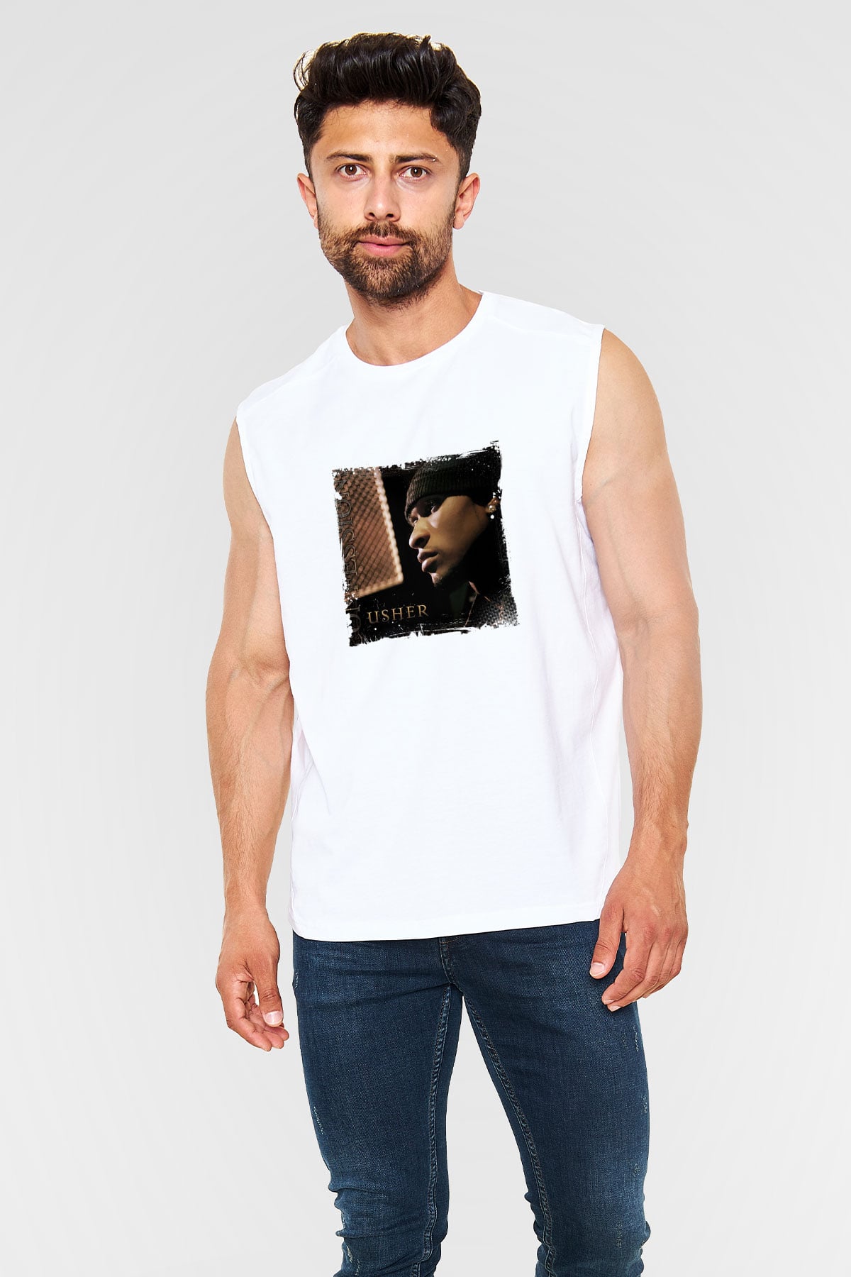 Usher  Baskılı Unisex Beyaz Kolsuz Tişört