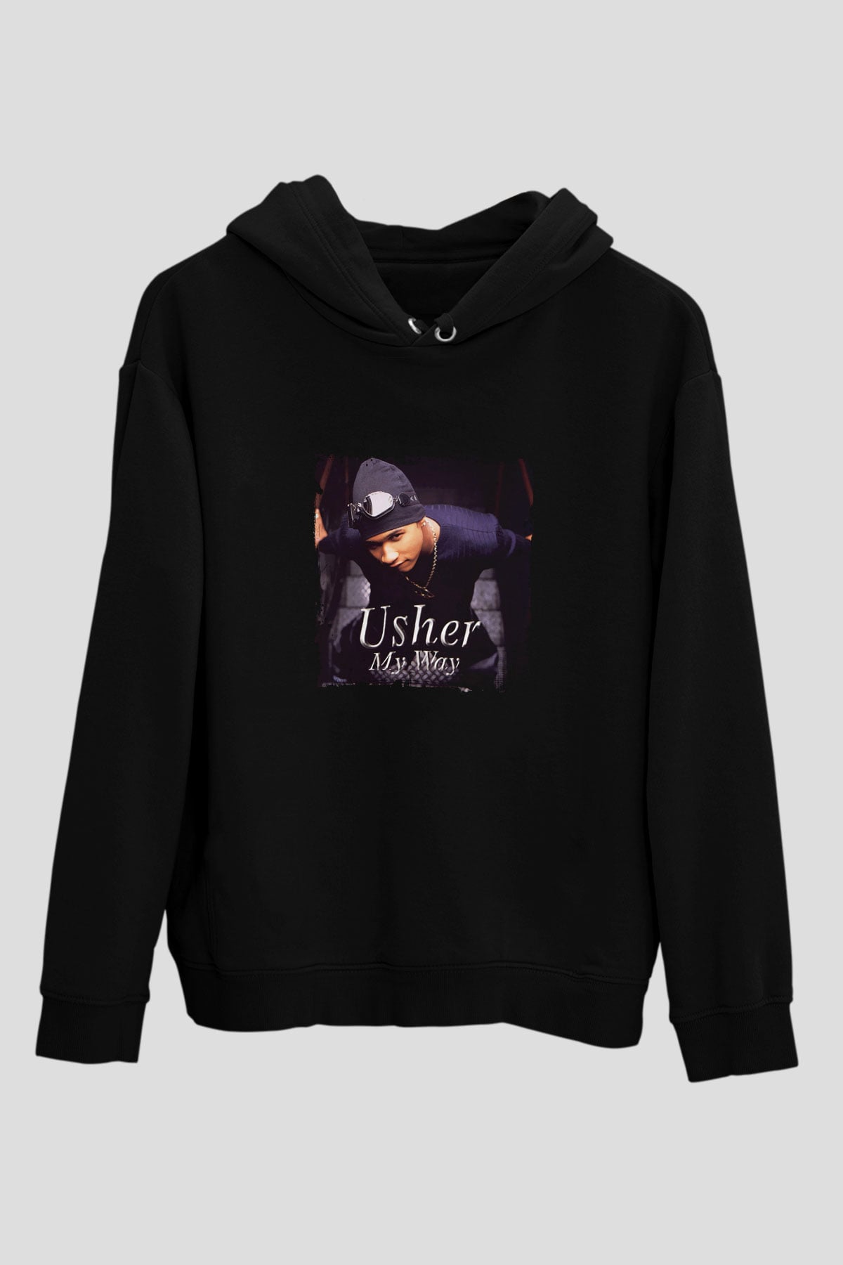 Usher  Baskılı Unisex Siyah Hoodie